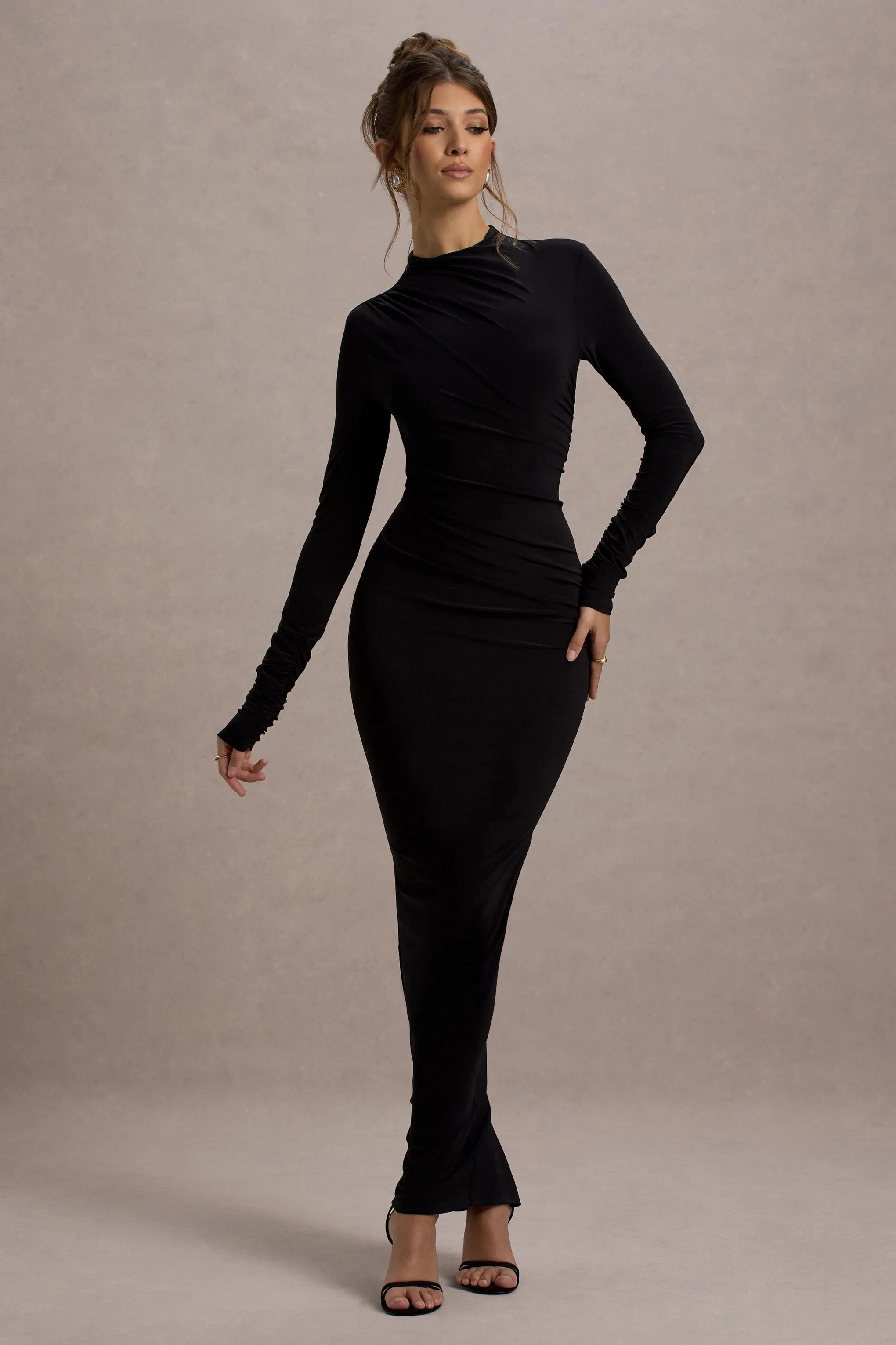 Hespera | Black High-Neck Long-Sleeve Gathered Maxi Dress