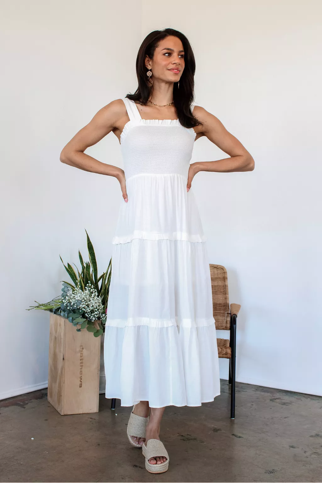 Hey June Tiered Midi Dress in White