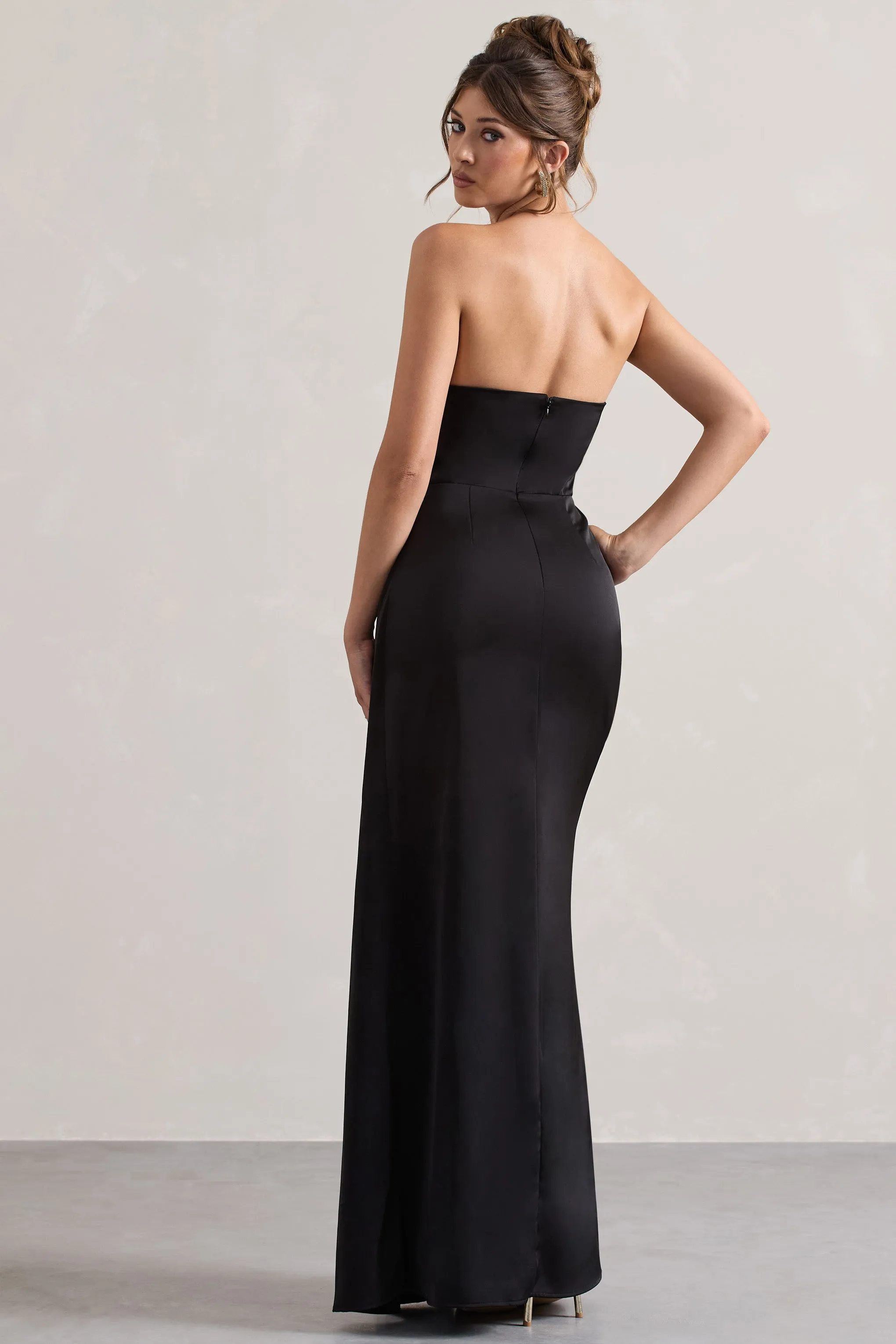 Hollywood | Black Satin Strapless Draped Maxi Dress