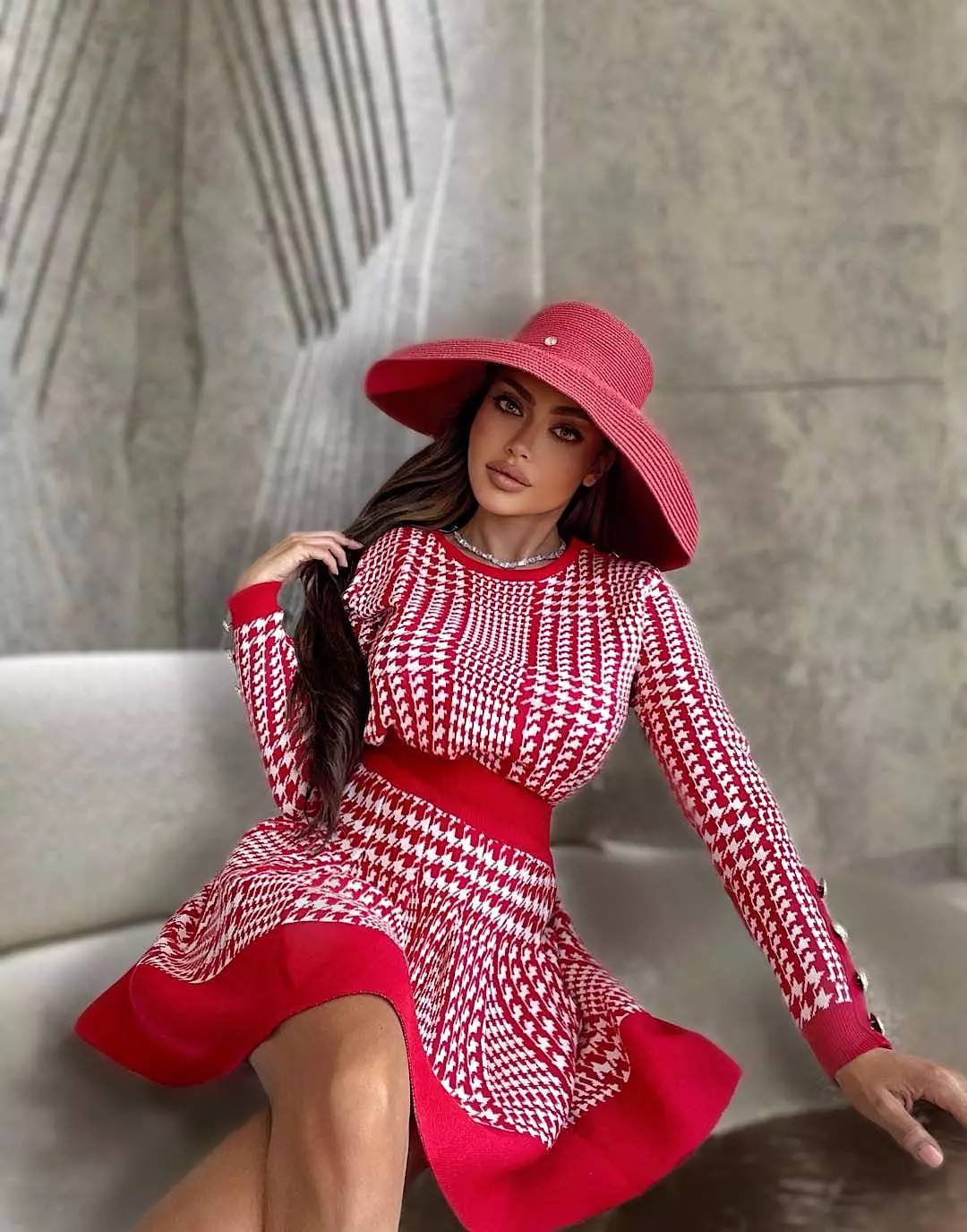 Houndstooth Knitted Long Sleeve Top and Elastic Waist Skirt Two Piece Set