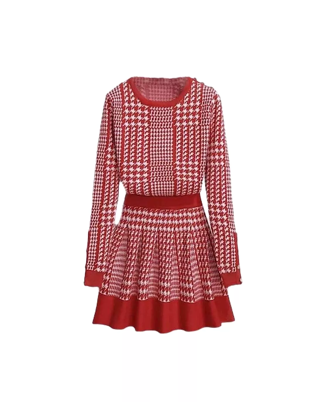 Houndstooth Knitted Long Sleeve Top and Elastic Waist Skirt Two Piece Set