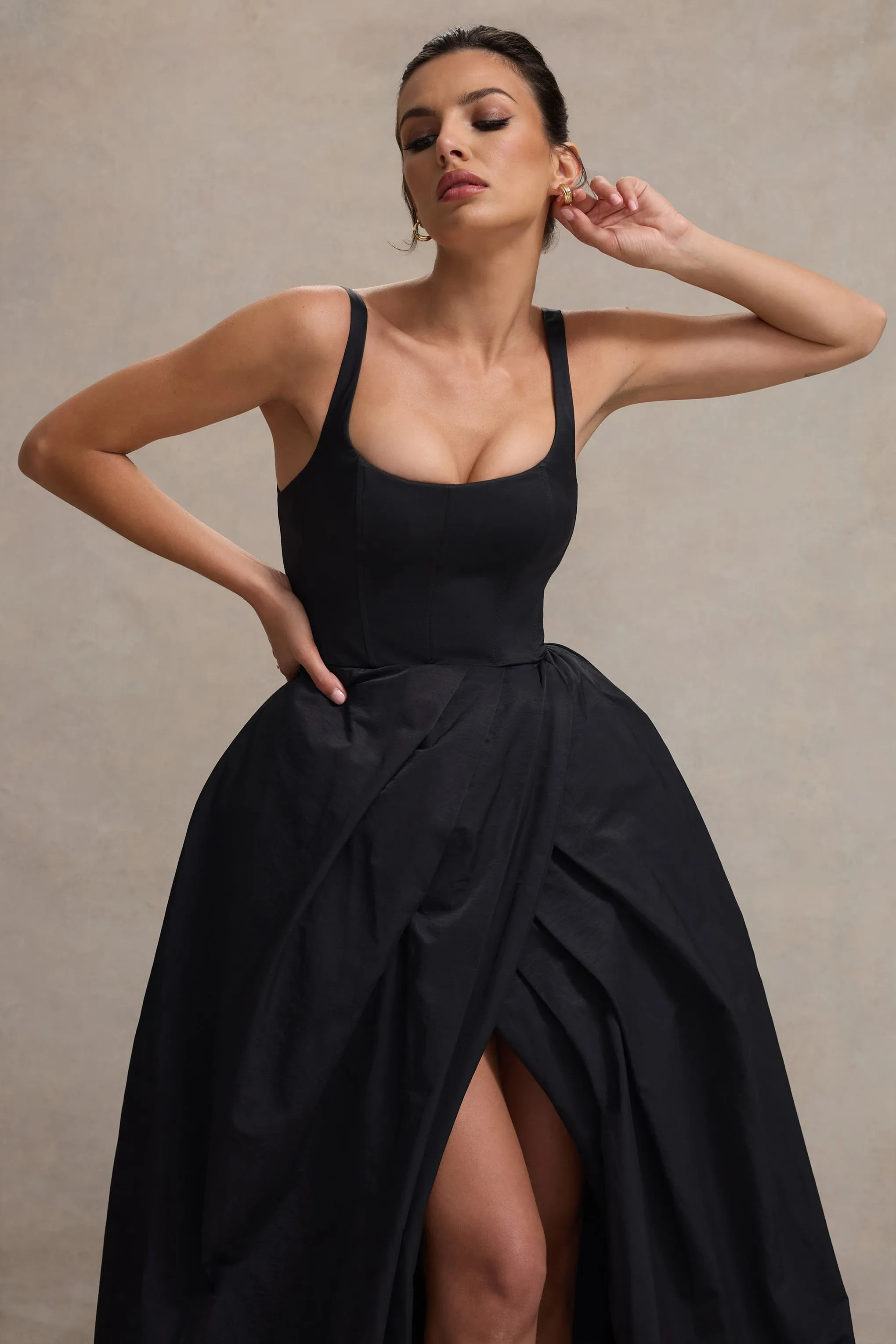 Infinite | Black Strappy Maxi Dress With Volume High-Low Skirt