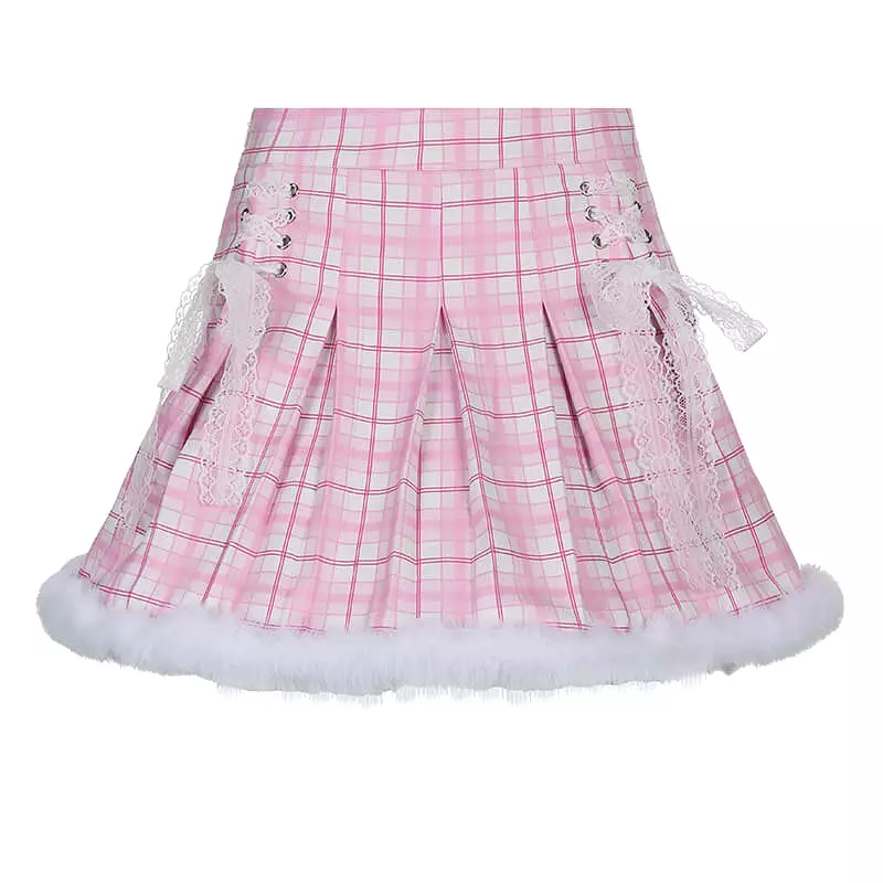 Ins Spice Girl wool stitched Pink Plaid pleated skirt BY4088