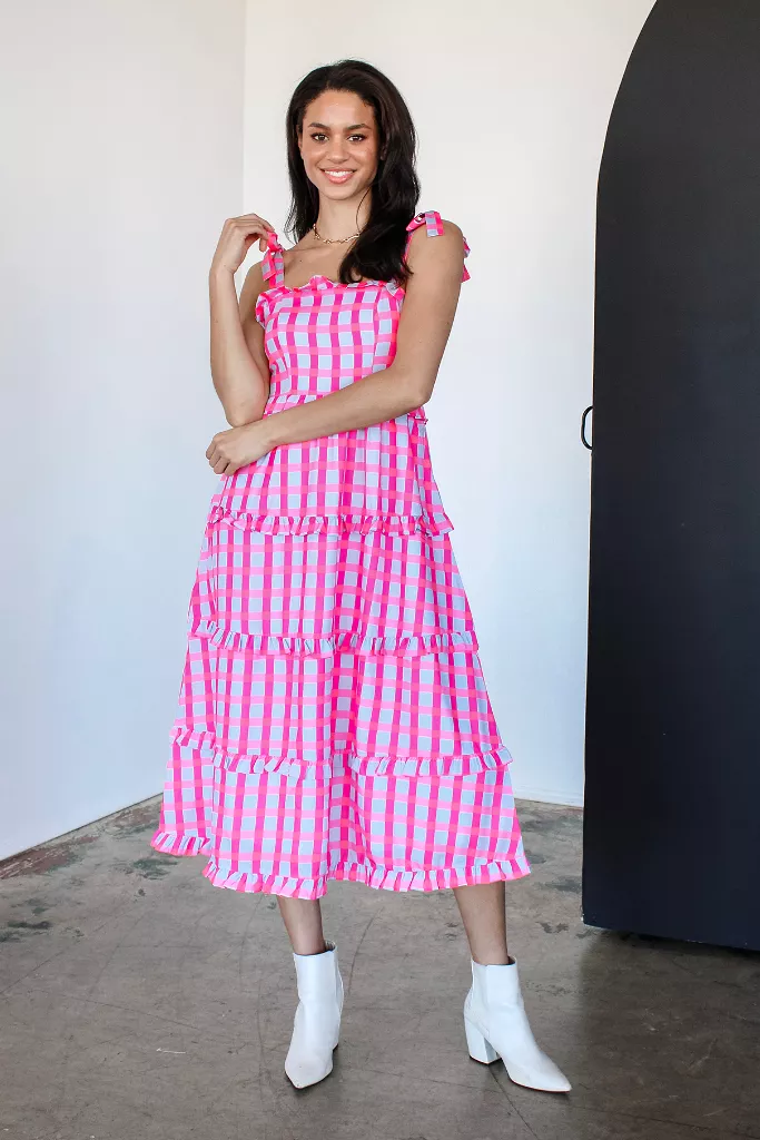 Invisible String Checkered Midi Dress