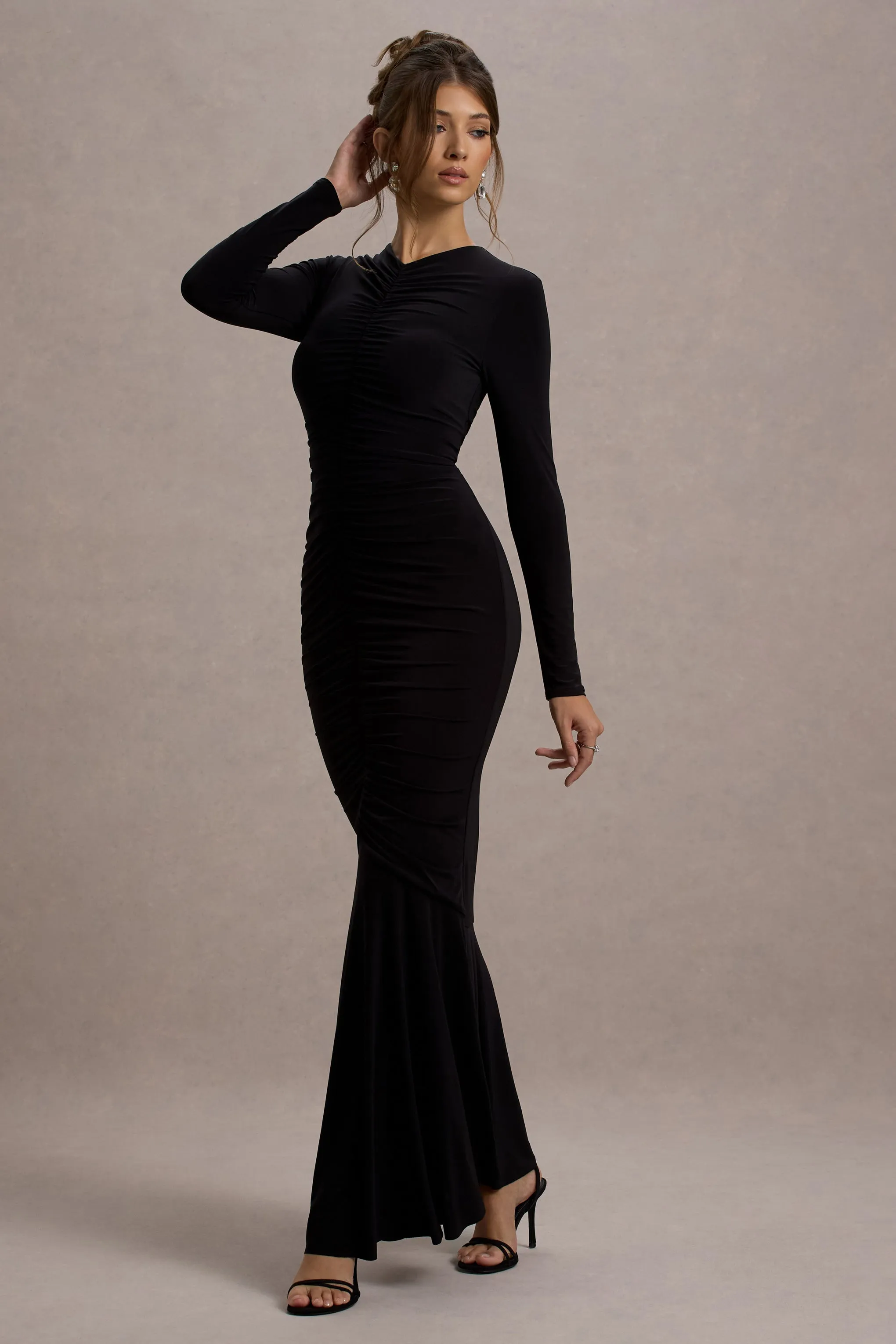 Kalilah | Black Long-Sleeve Ruched Fishtail Maxi Dress