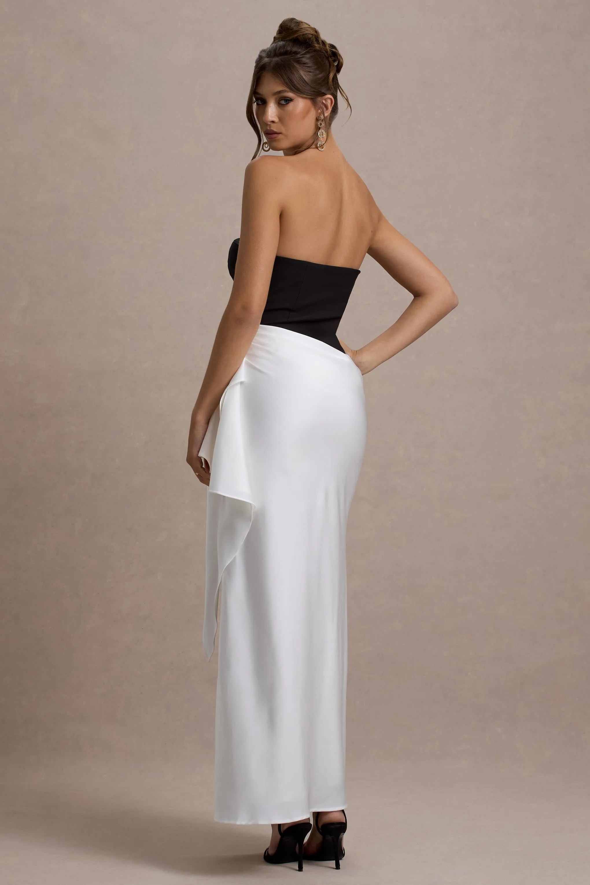 Kalinda | Black And White Strapless Maxi Dress With Draped Skirt