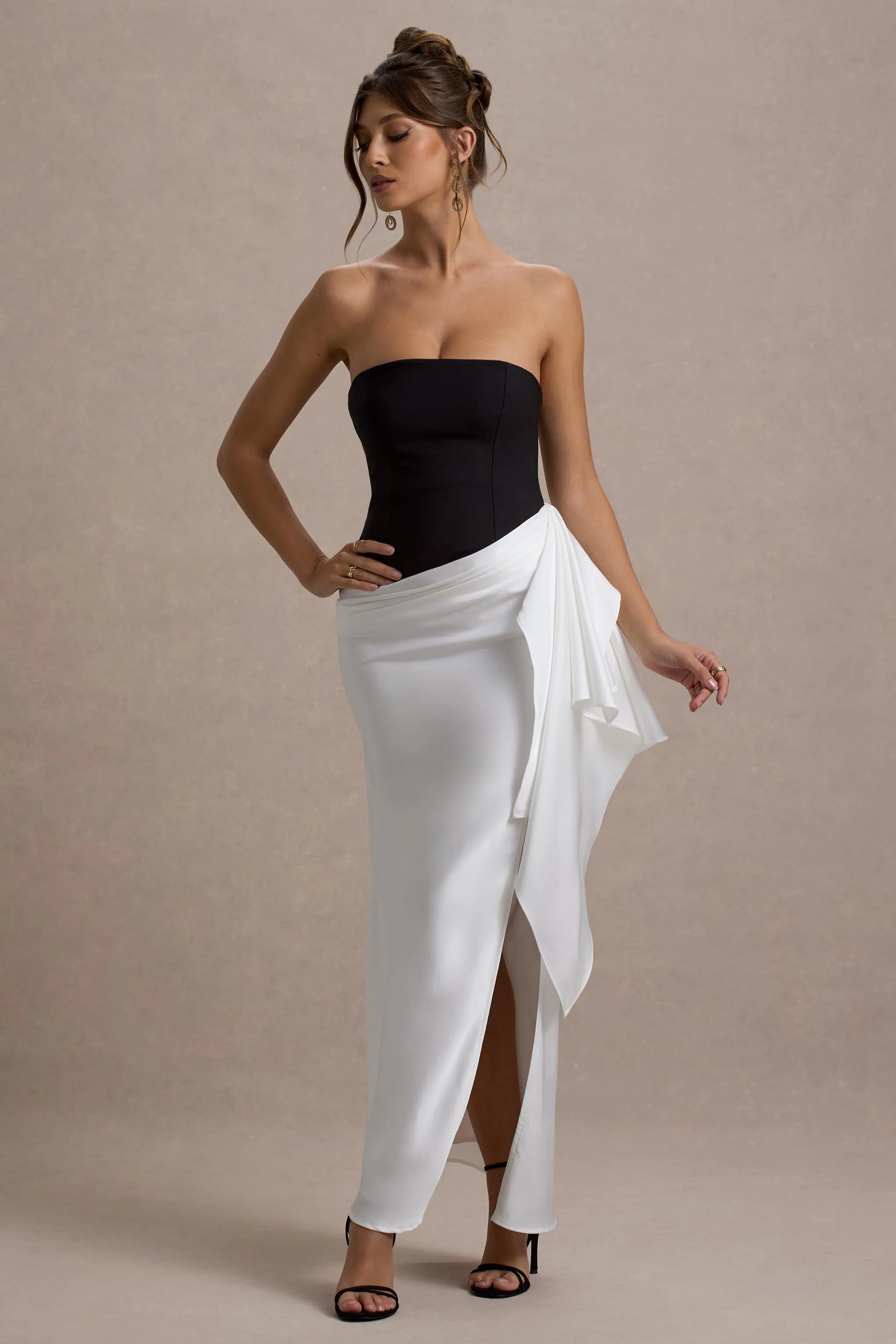 Kalinda | Black And White Strapless Maxi Dress With Draped Skirt