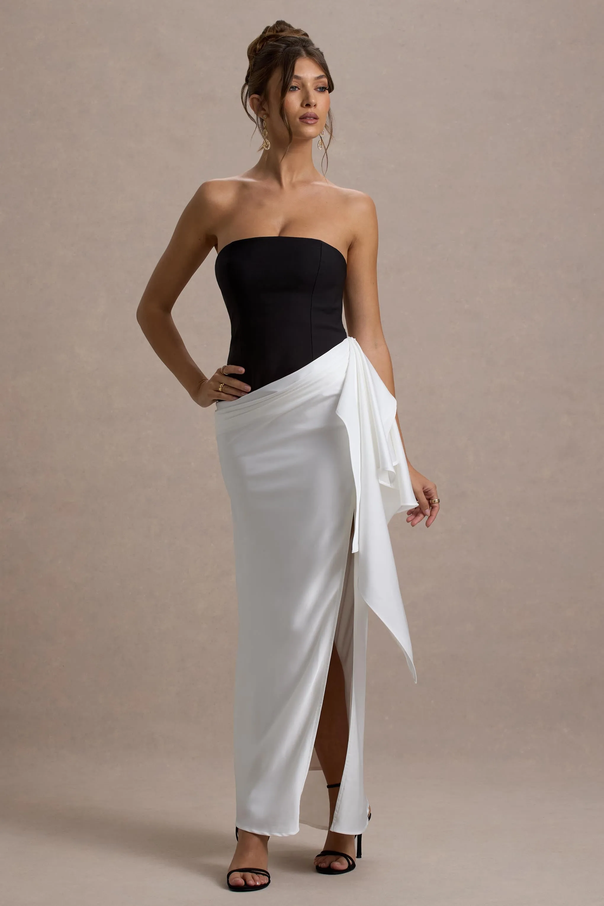 Kalinda | Black And White Strapless Maxi Dress With Draped Skirt