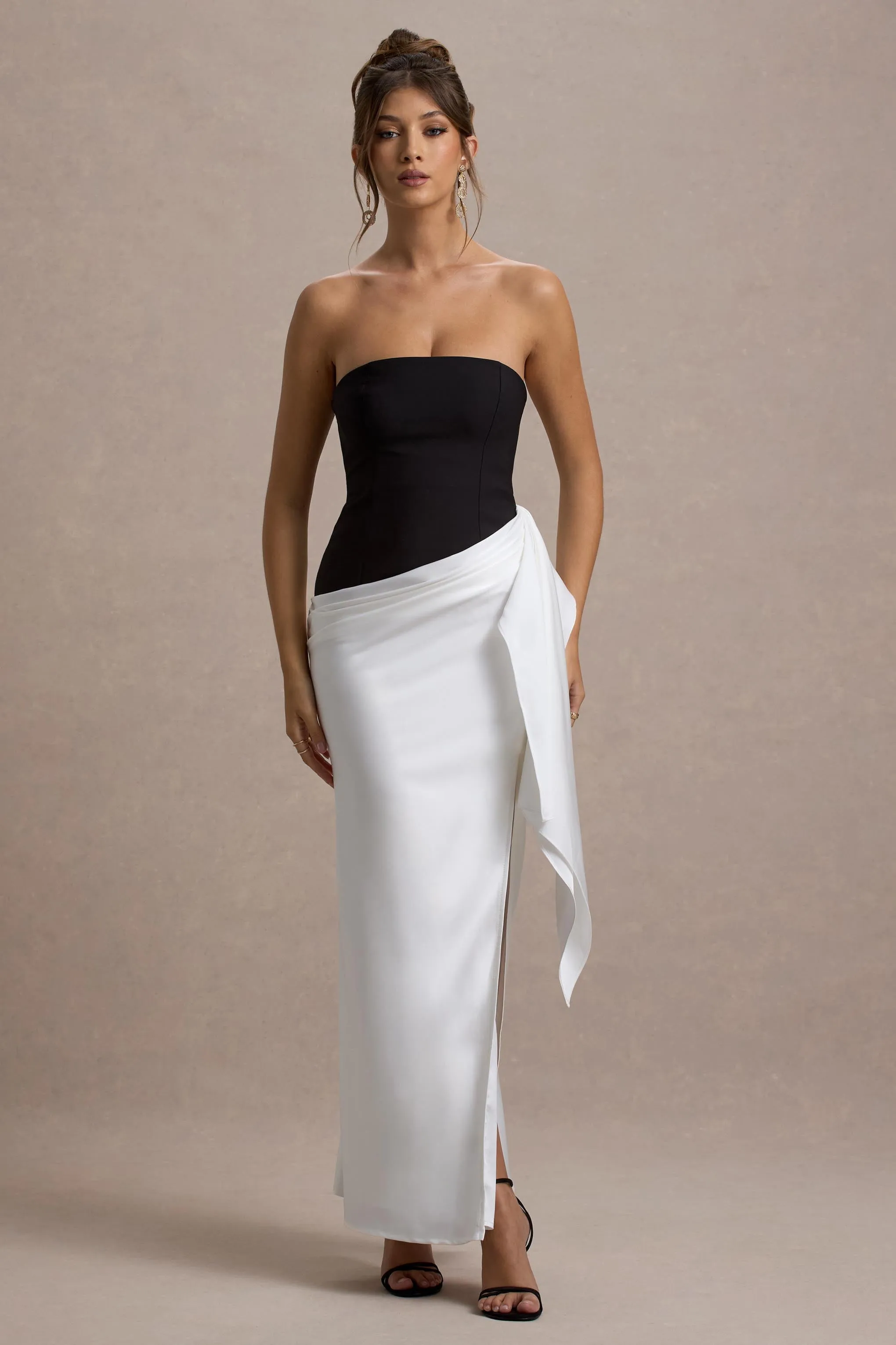 Kalinda | Black And White Strapless Maxi Dress With Draped Skirt