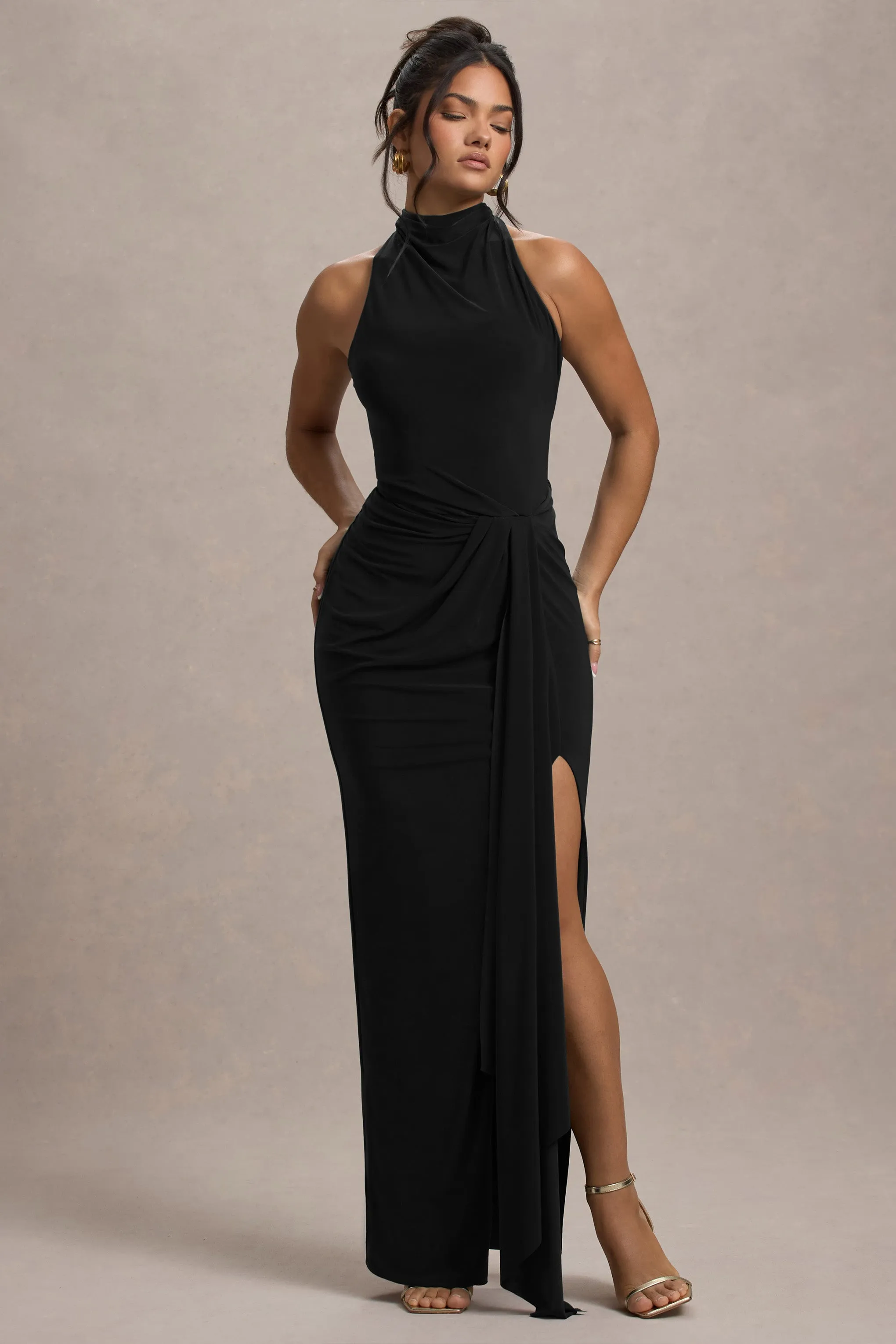 Khari | Black High-Neck Twisted Maxi Dress With Drape