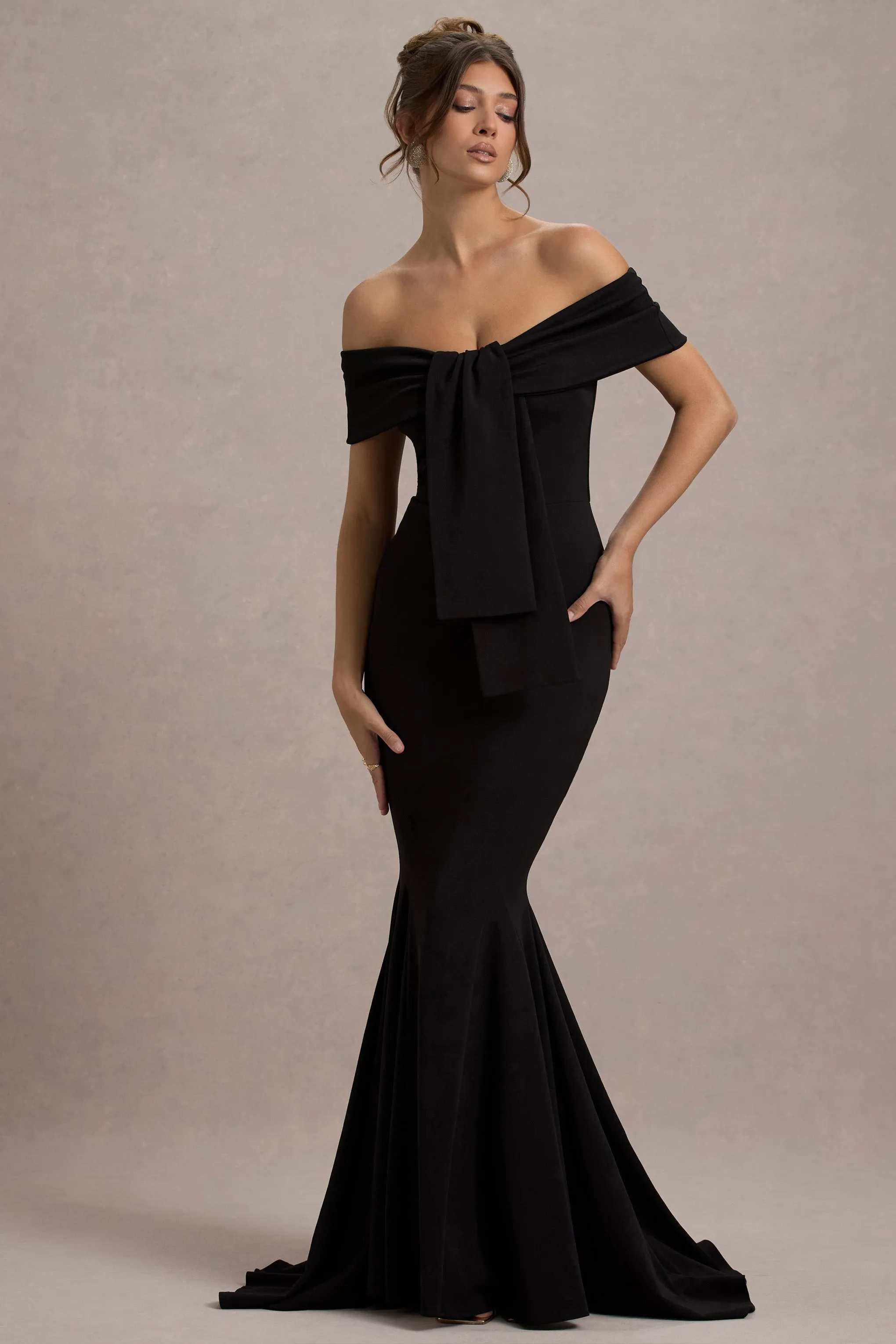 Lantana | Black Bardot Fishtail Maxi Dress With Drape