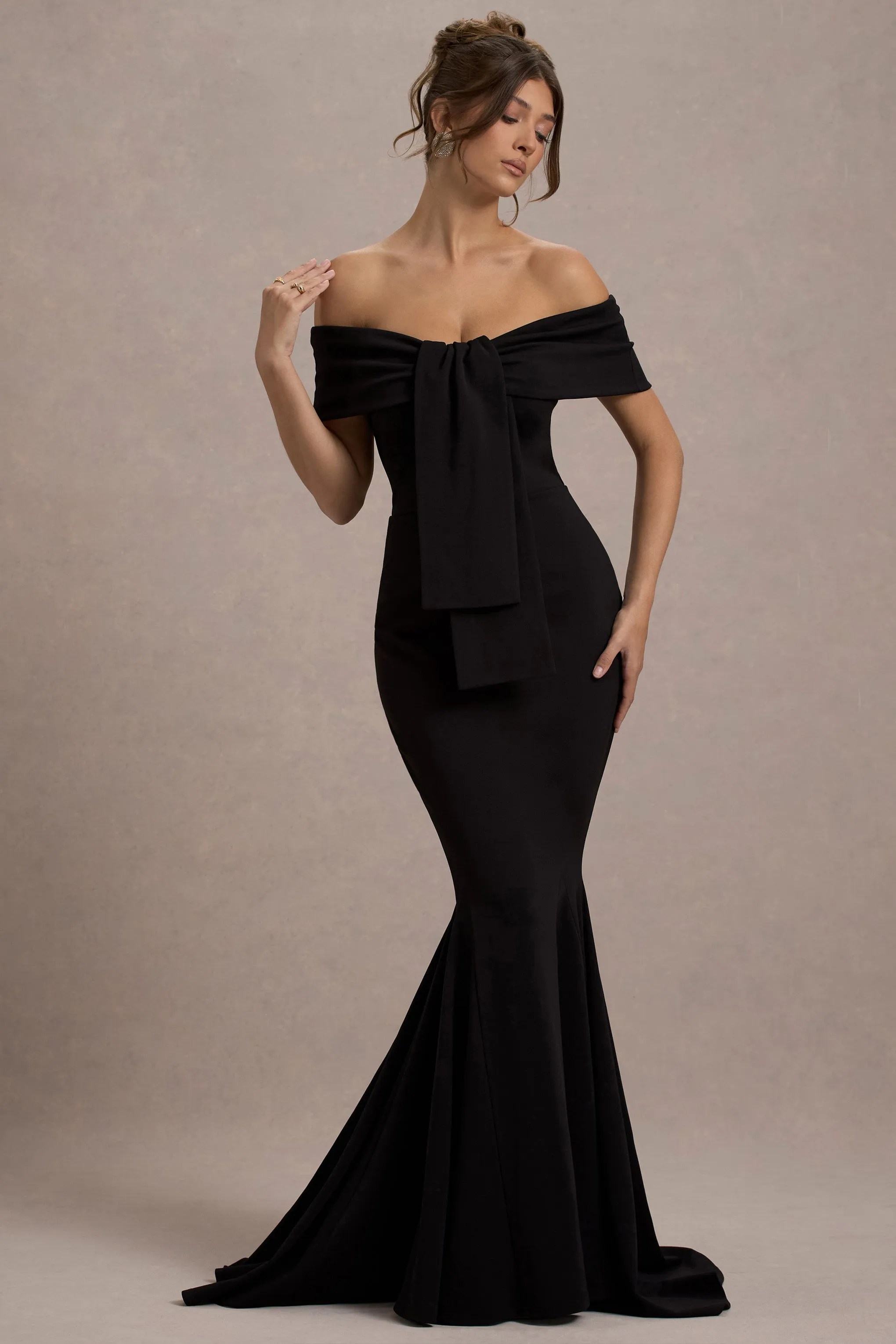 Lantana | Black Bardot Fishtail Maxi Dress With Drape