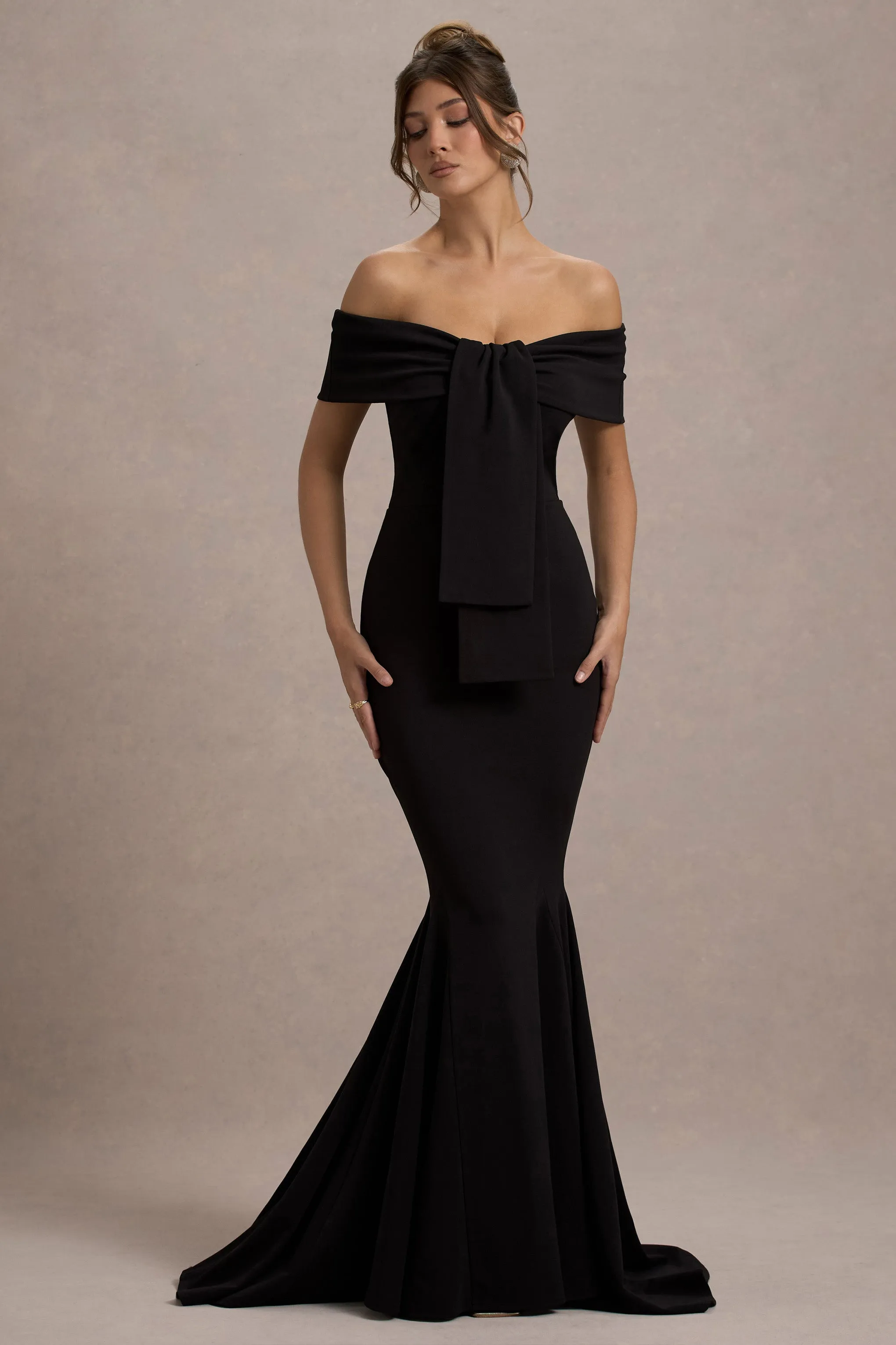 Lantana | Black Bardot Fishtail Maxi Dress With Drape