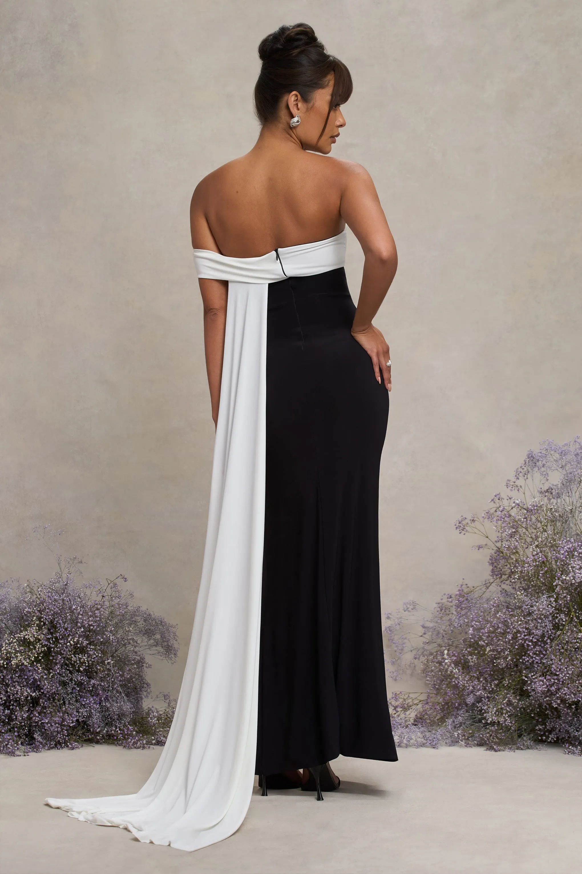 Legacy | Black & White Bardot Split Maternity Maxi Dress With Drape