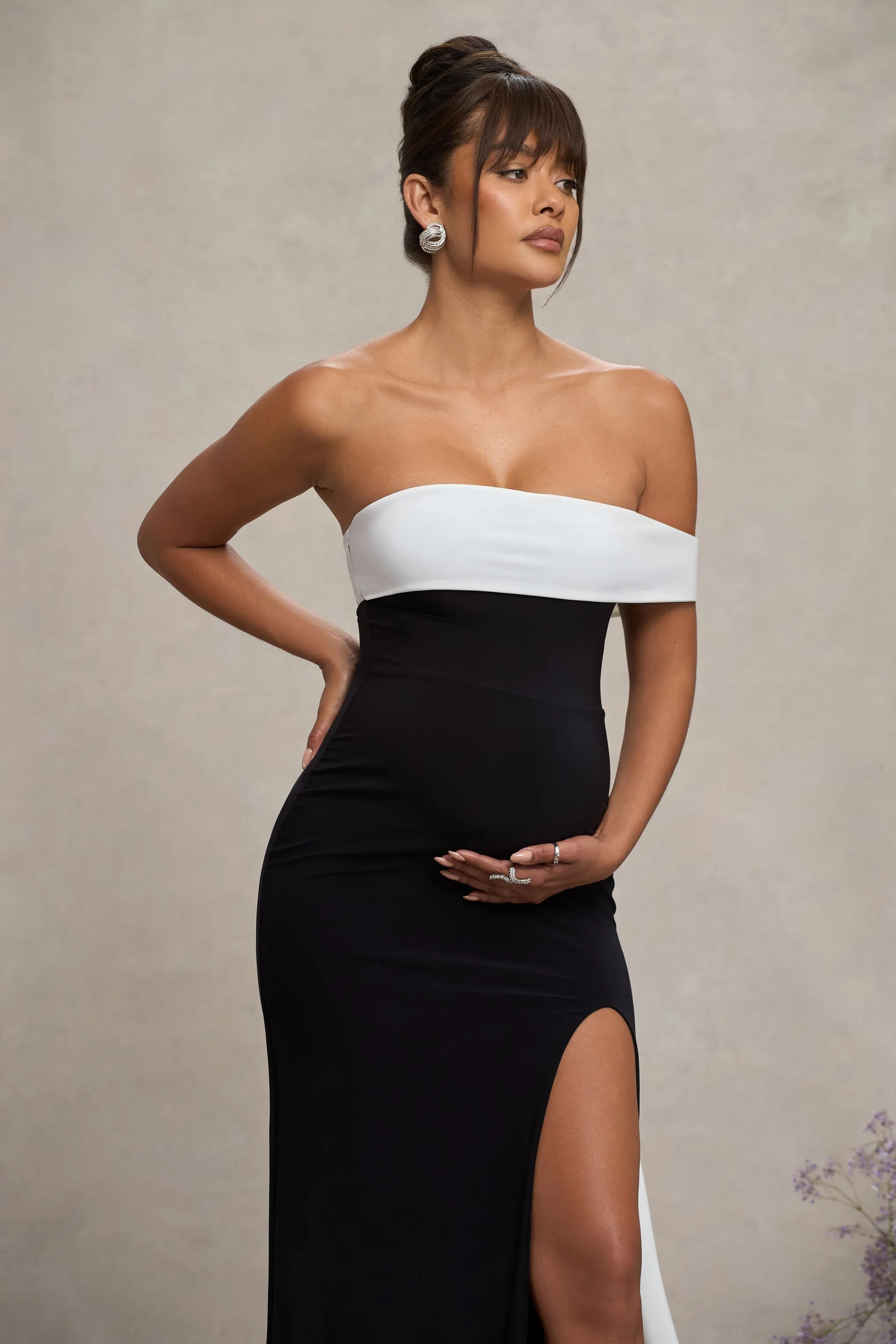 Legacy | Black & White Bardot Split Maternity Maxi Dress With Drape