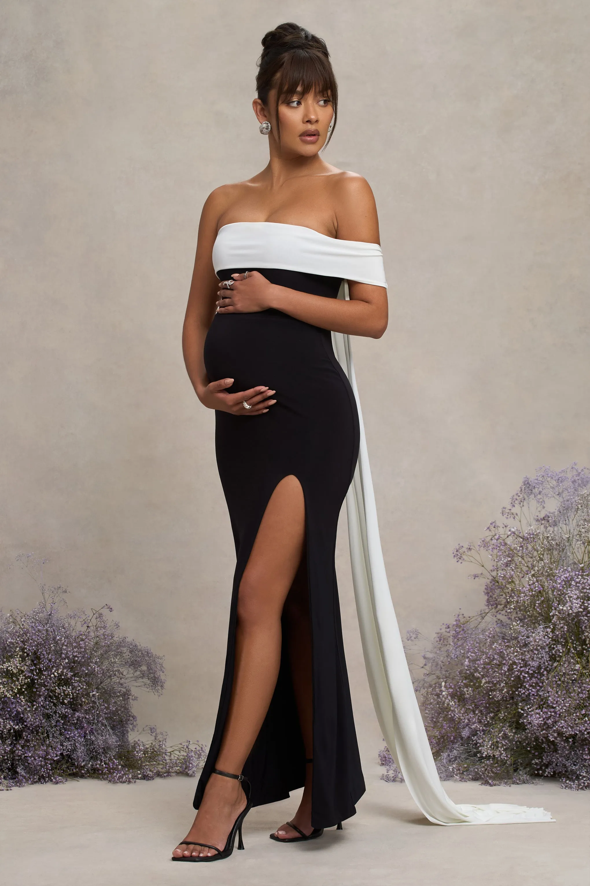 Legacy | Black & White Bardot Split Maternity Maxi Dress With Drape