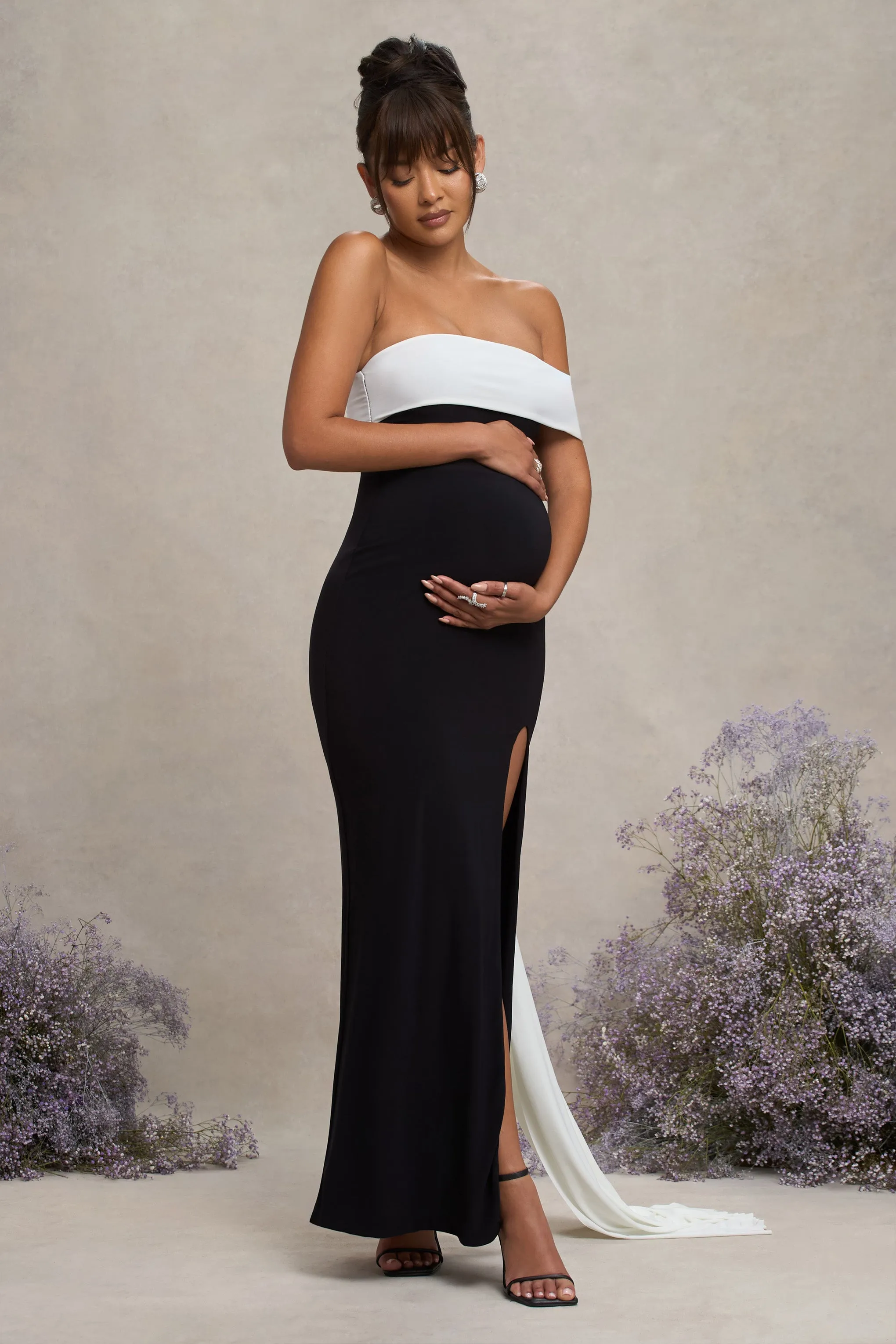 Legacy | Black & White Bardot Split Maternity Maxi Dress With Drape