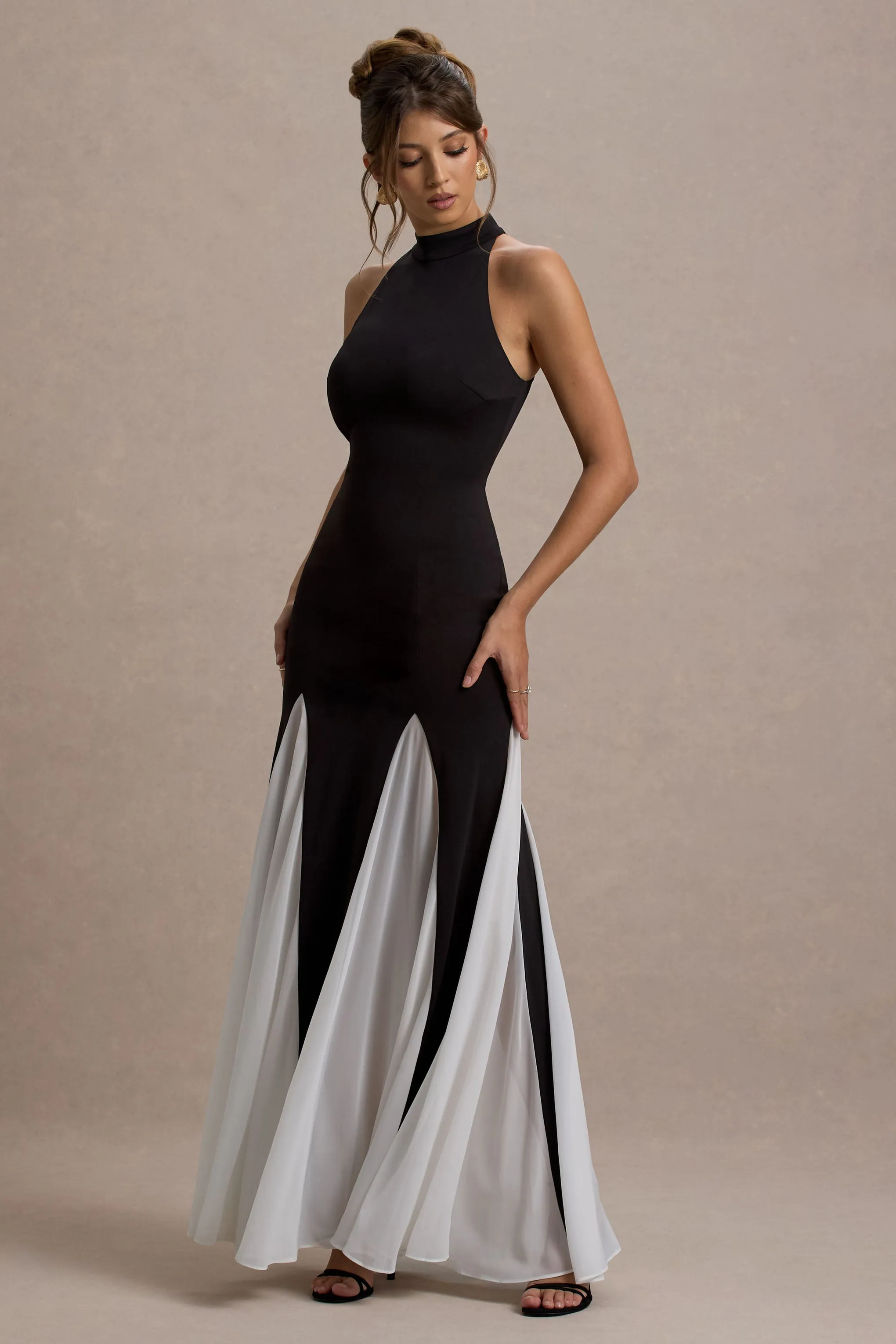 Litzy | Black High-Neck Maxi Dress With White Chiffon Trim