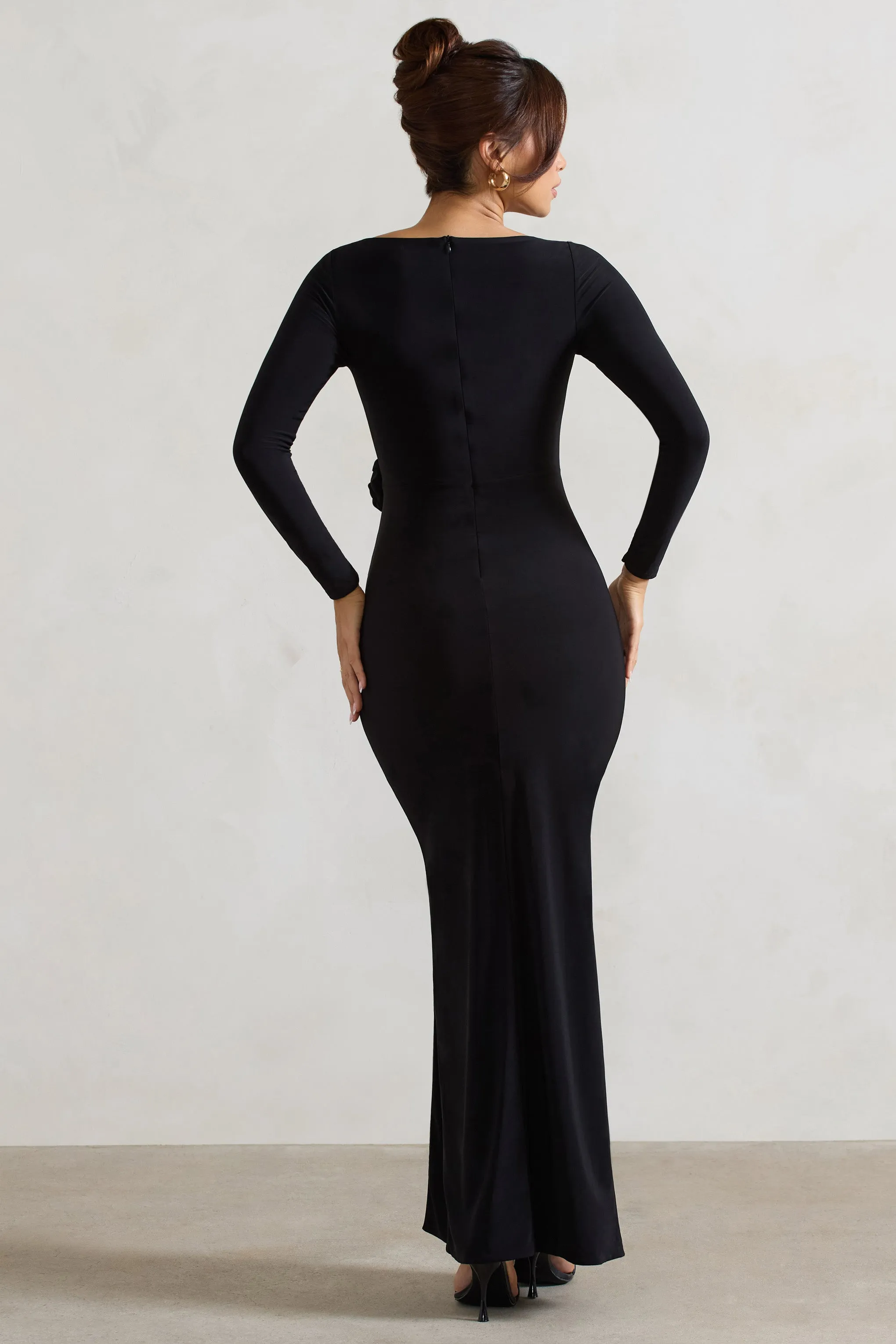 Makayla | Black Long-Sleeve Wrap Maxi Dress With Corsages