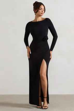 Makayla | Black Long-Sleeve Wrap Maxi Dress With Corsages