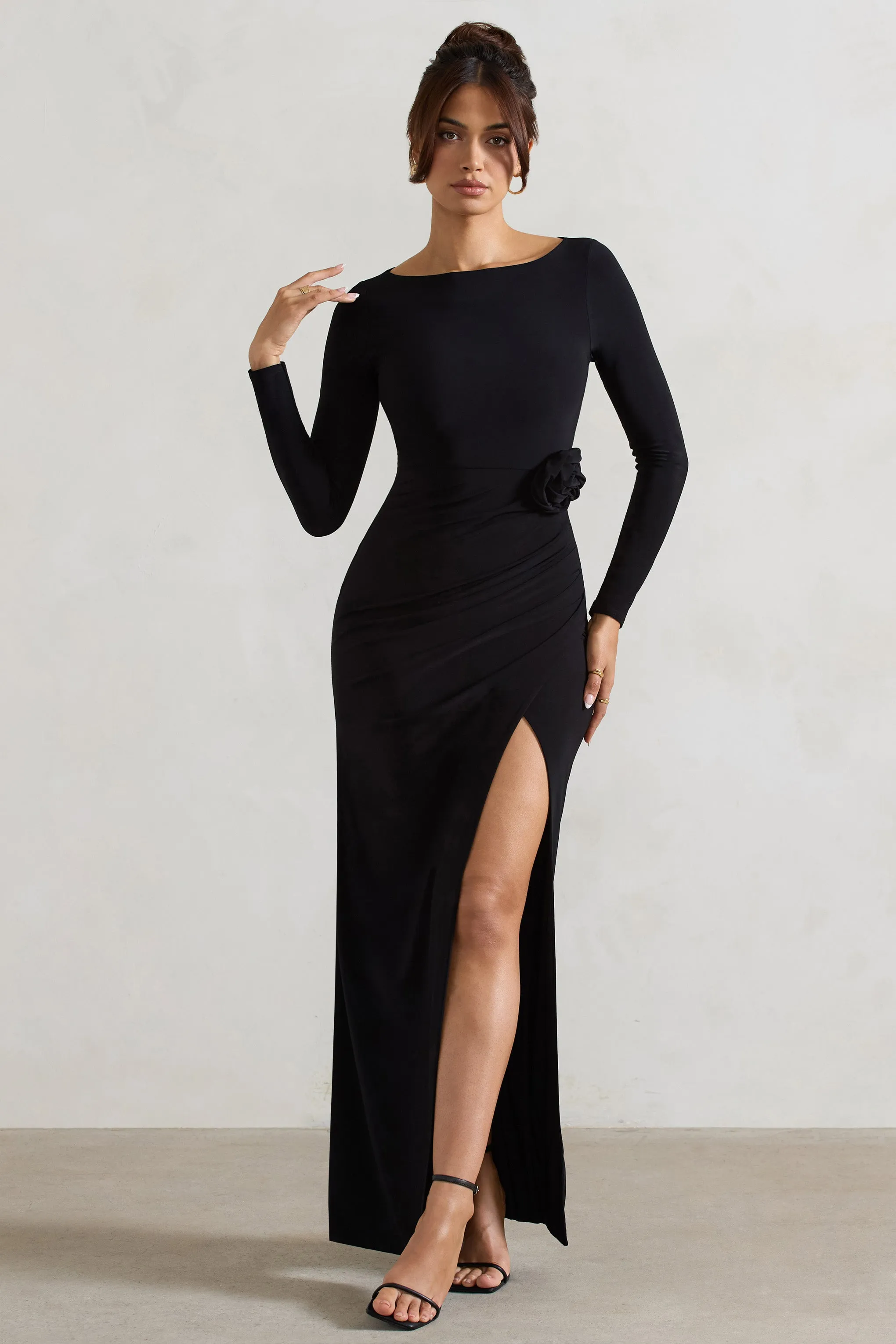 Makayla | Black Long-Sleeve Wrap Maxi Dress With Corsages