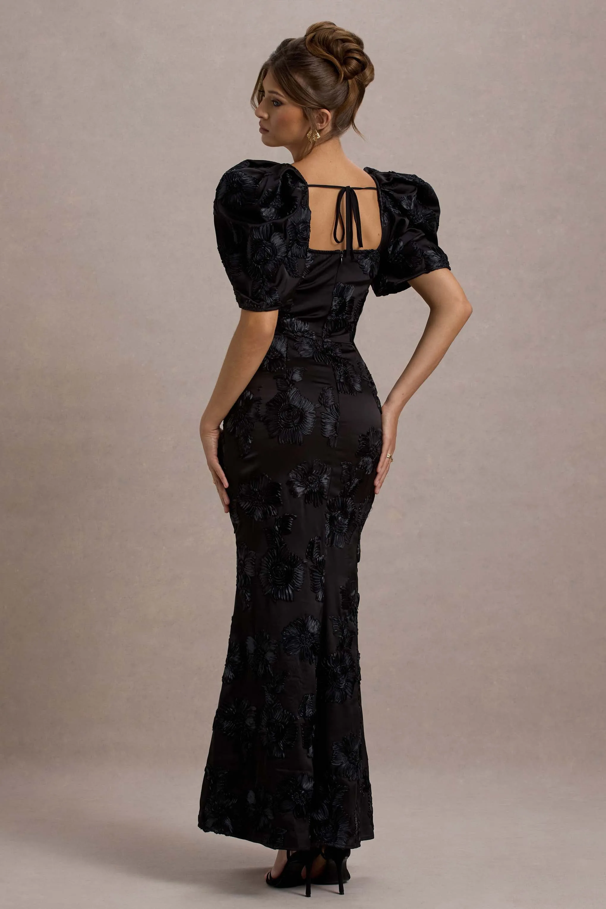 Marilla | Black Mesh Floral Square-Neck Puff-Sleeve Maxi Dress