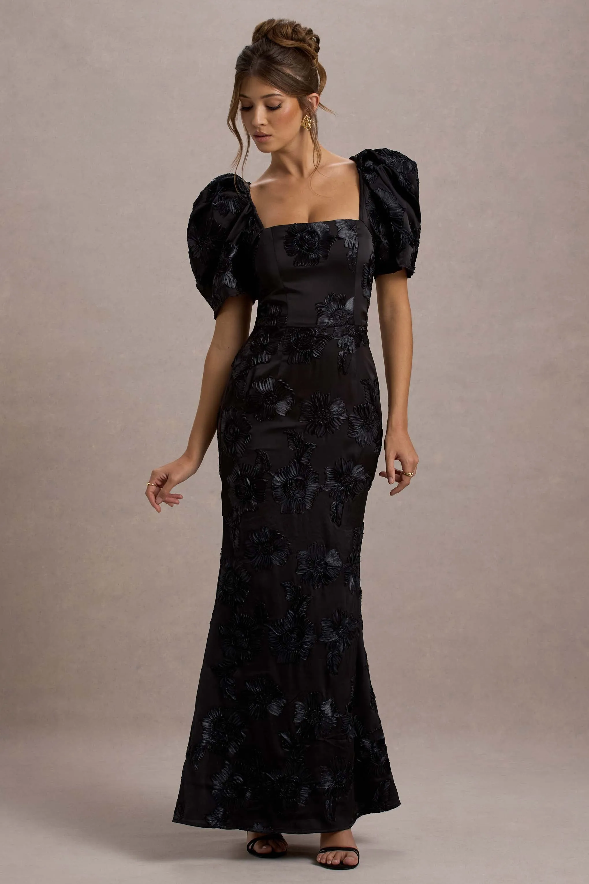 Marilla | Black Mesh Floral Square-Neck Puff-Sleeve Maxi Dress