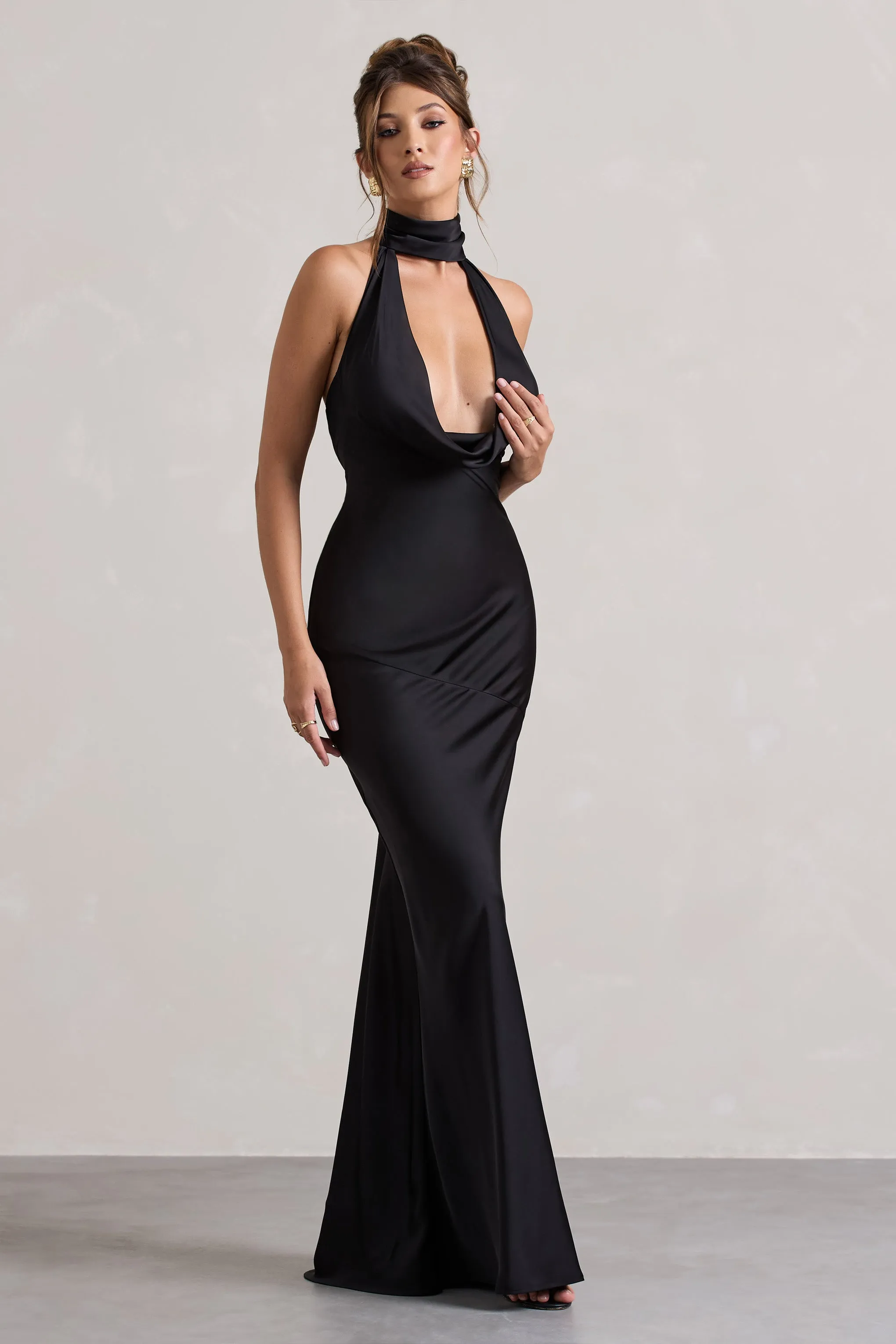 Matea | Black Satin Cowl-Neck Maxi Dress