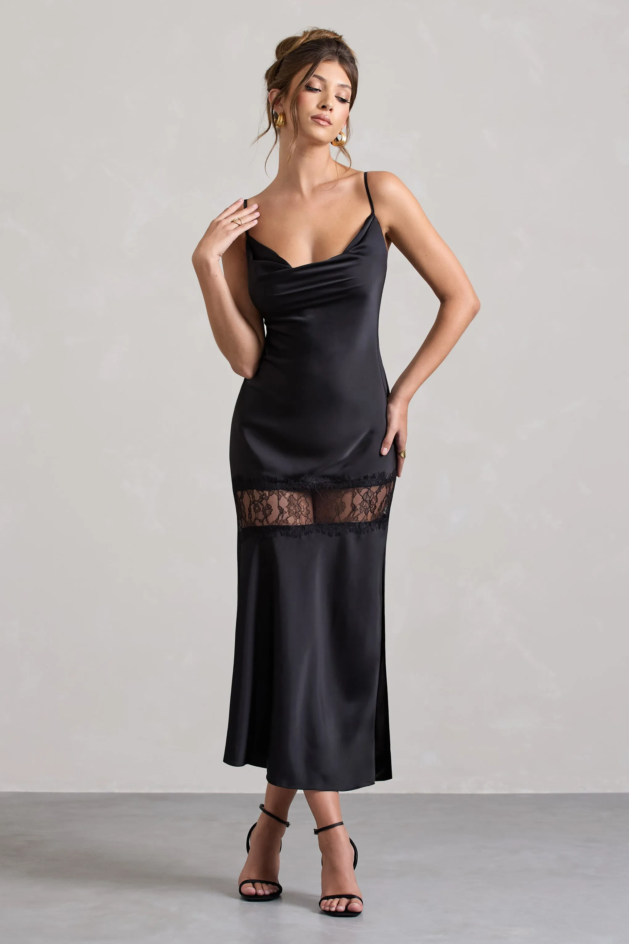 Matera | Black Satin Cowl-Neck Lace Trim Maxi Dress