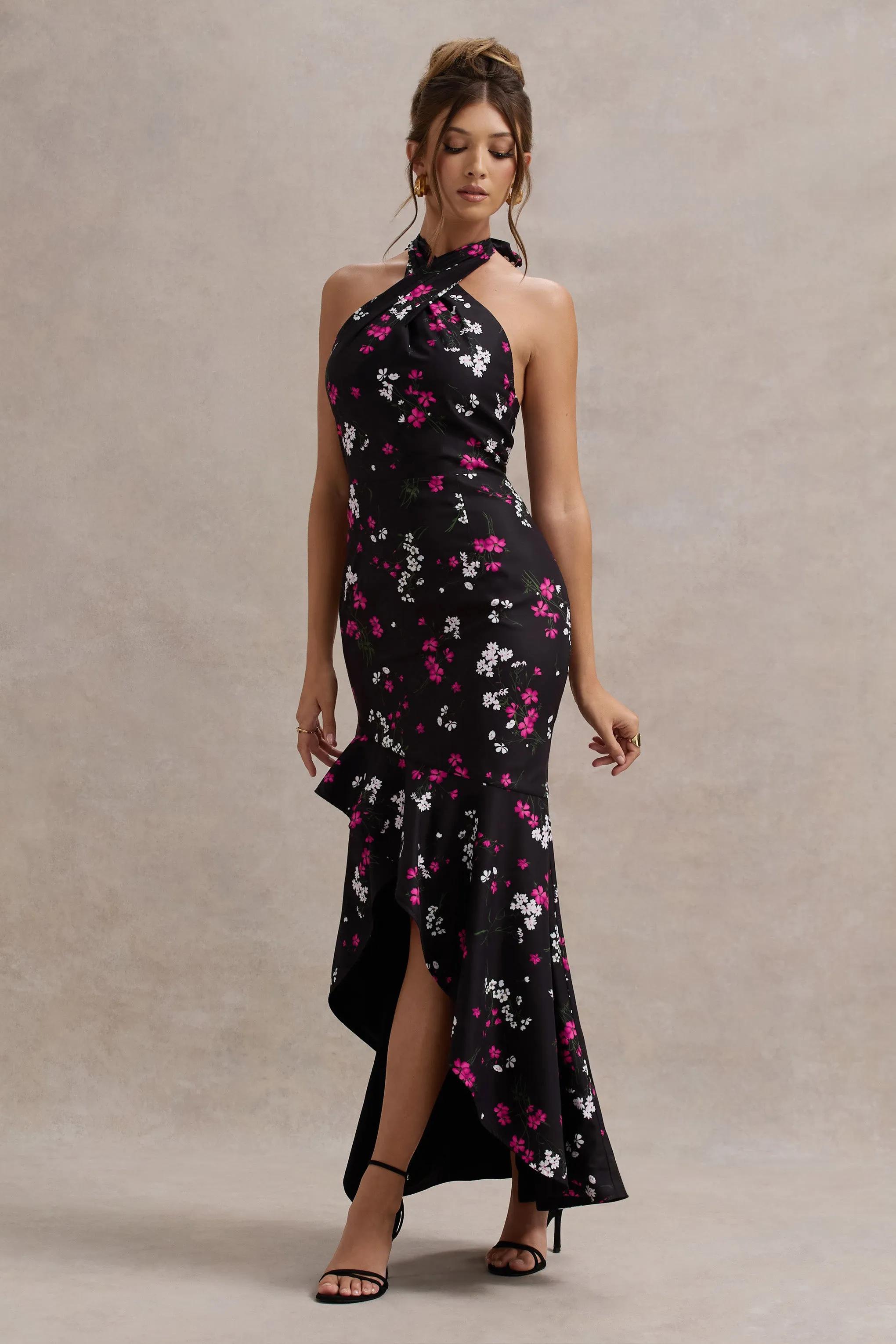 Melodia | Black Ditsy Floral Print Satin Halter-Neck Ruffled Maxi Dress