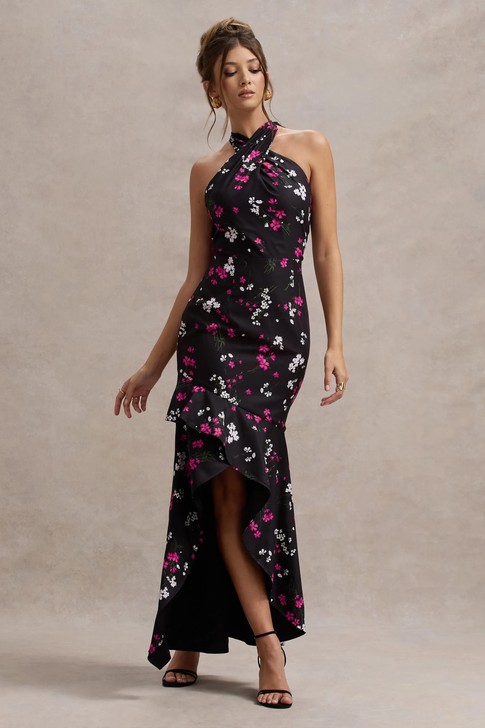 Melodia | Black Ditsy Floral Print Satin Halter-Neck Ruffled Maxi Dress