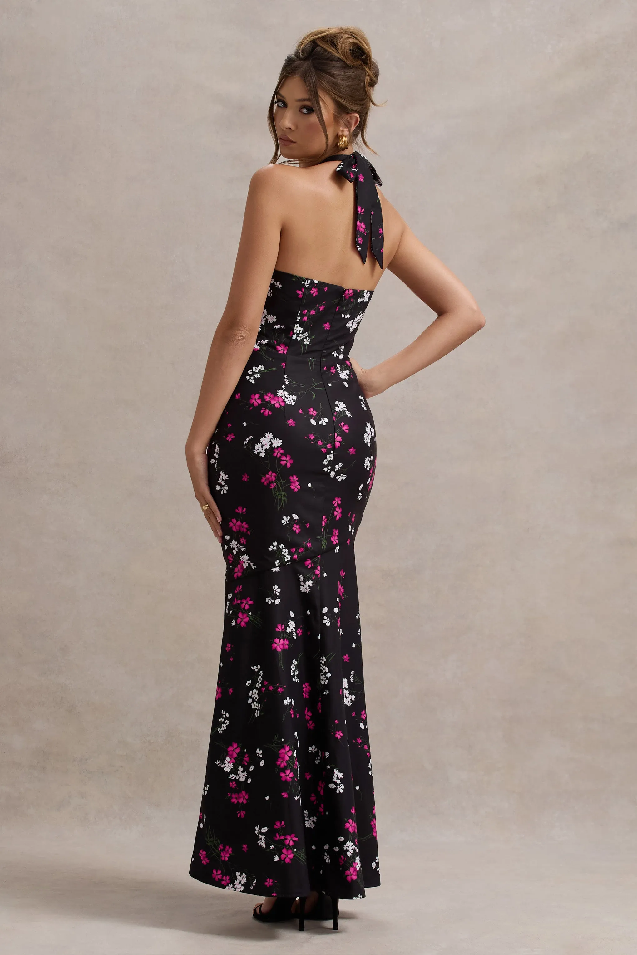 Melodia | Black Ditsy Floral Print Satin Halter-Neck Ruffled Maxi Dress