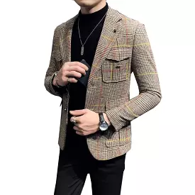 Men Blazer - Plaid Houndstooth Blazer