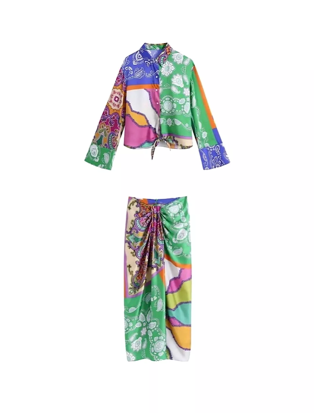 Multi Print Two Piece Shirt Skirt Satin Set