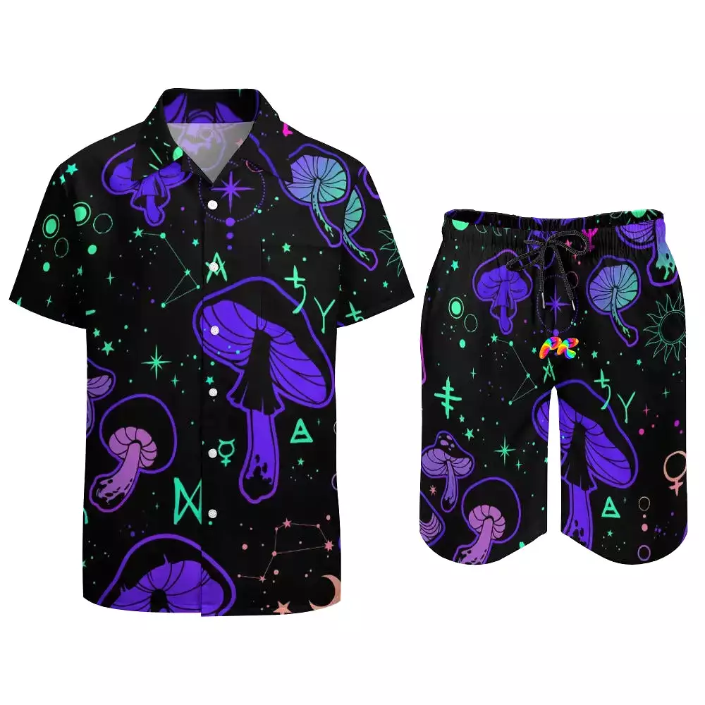 Mushroom Cult Men's Rave Festival Outfit: Button-Up Top and Two-Piece Swim Shorts Set