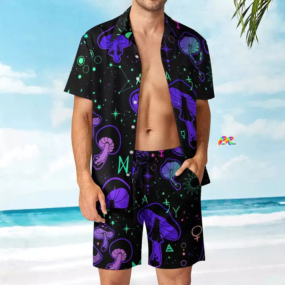 Mushroom Cult Men's Rave Festival Outfit: Button-Up Top and Two-Piece Swim Shorts Set