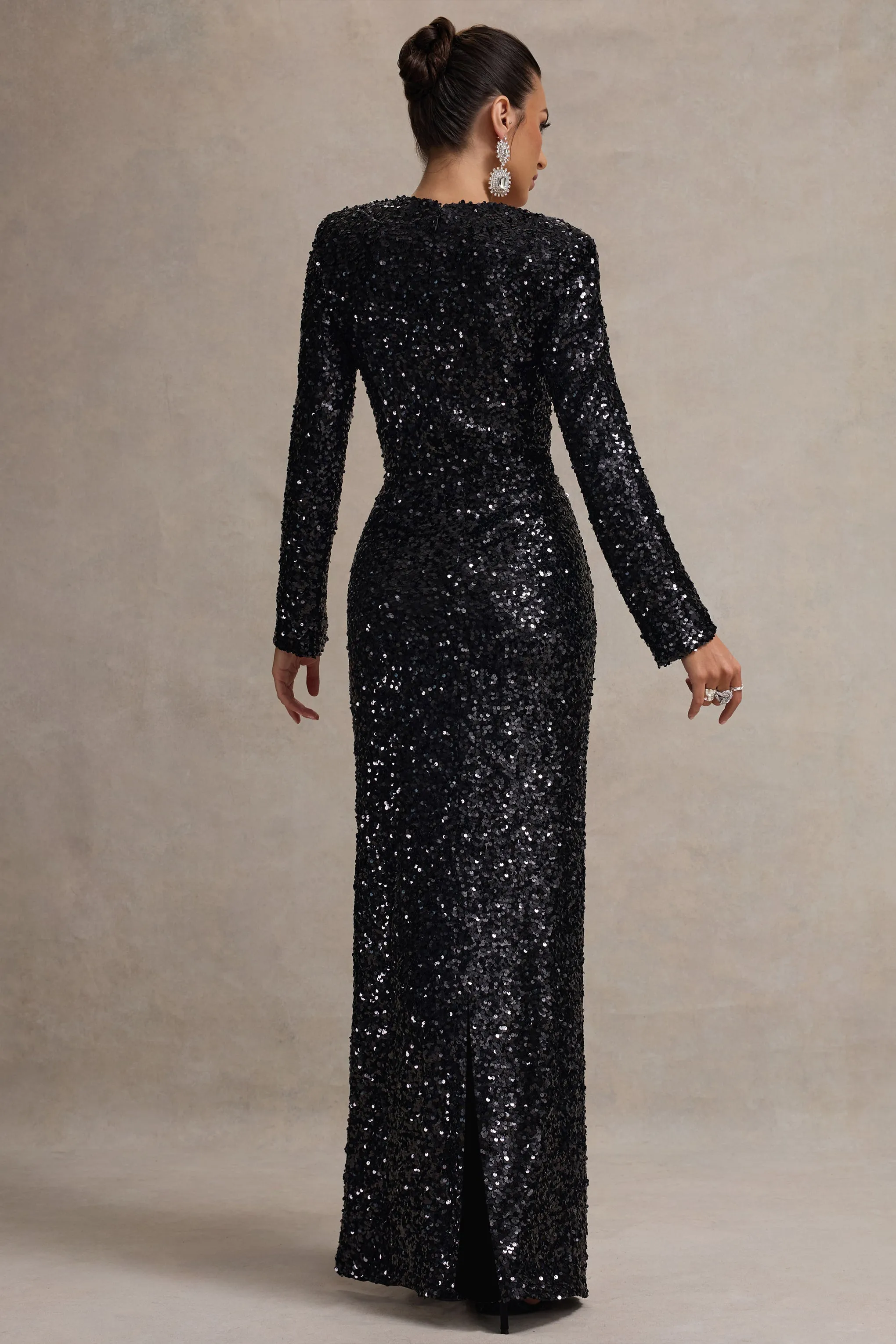 My Dream | Black Sequin Square-Neck Long-Sleeve Maxi Dress