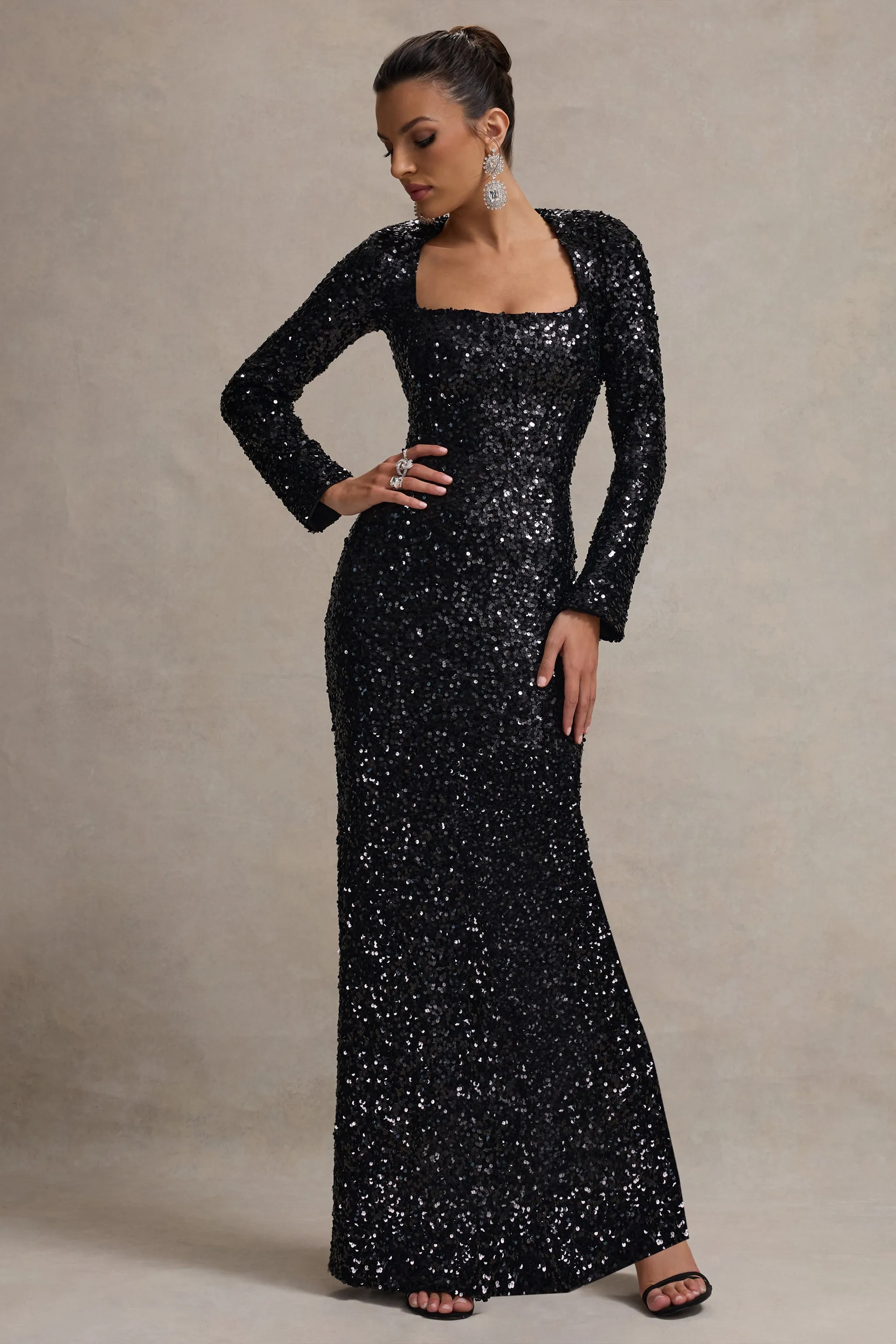 My Dream | Black Sequin Square-Neck Long-Sleeve Maxi Dress