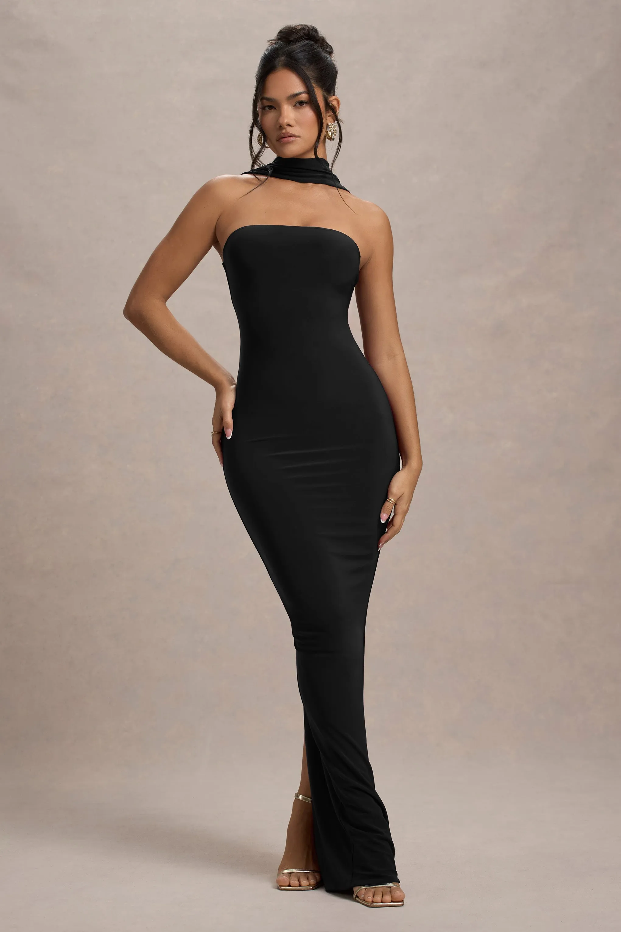 Nobu | Black Bandeau Maxi Dress With Halter-Collar