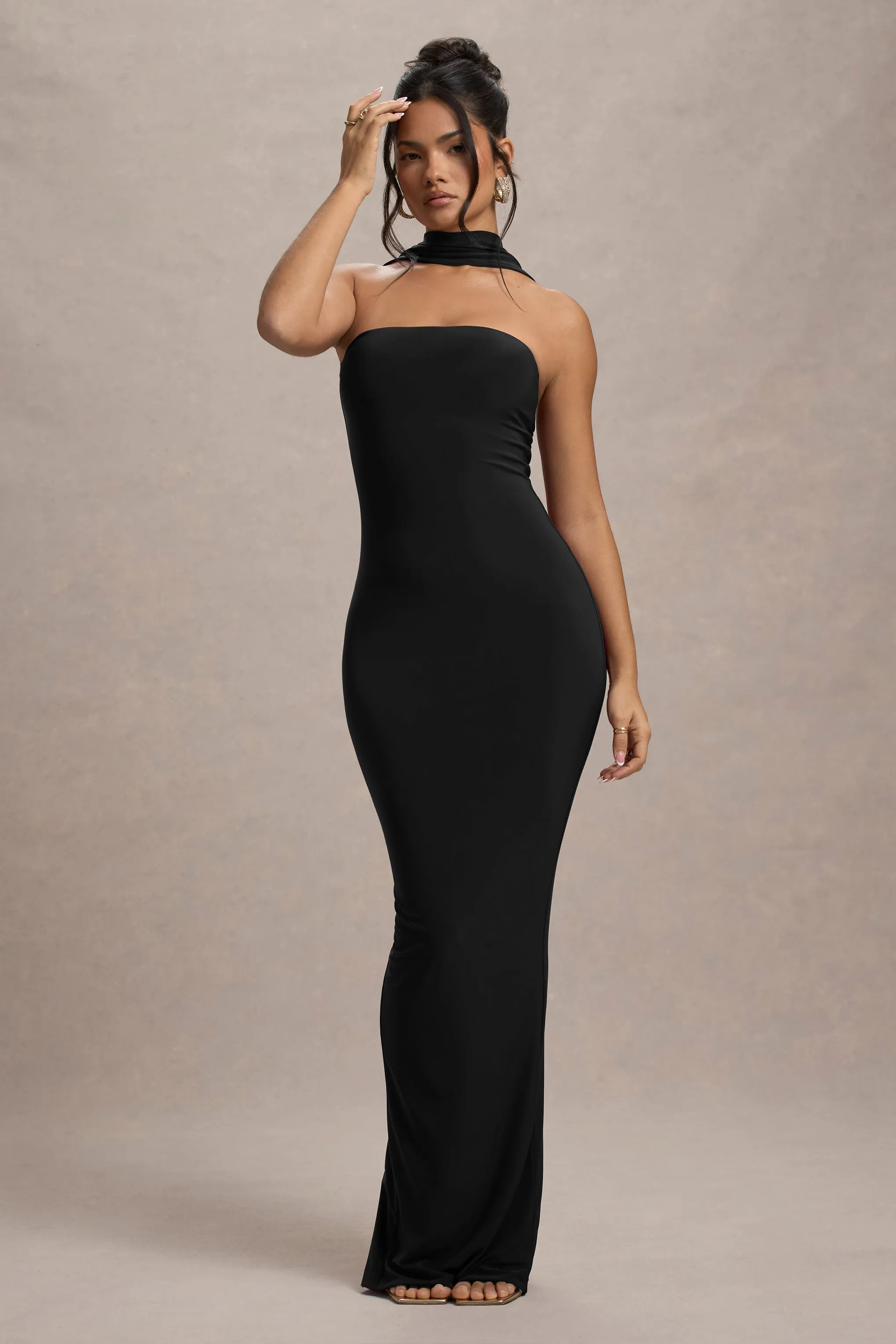 Nobu | Black Bandeau Maxi Dress With Halter-Collar