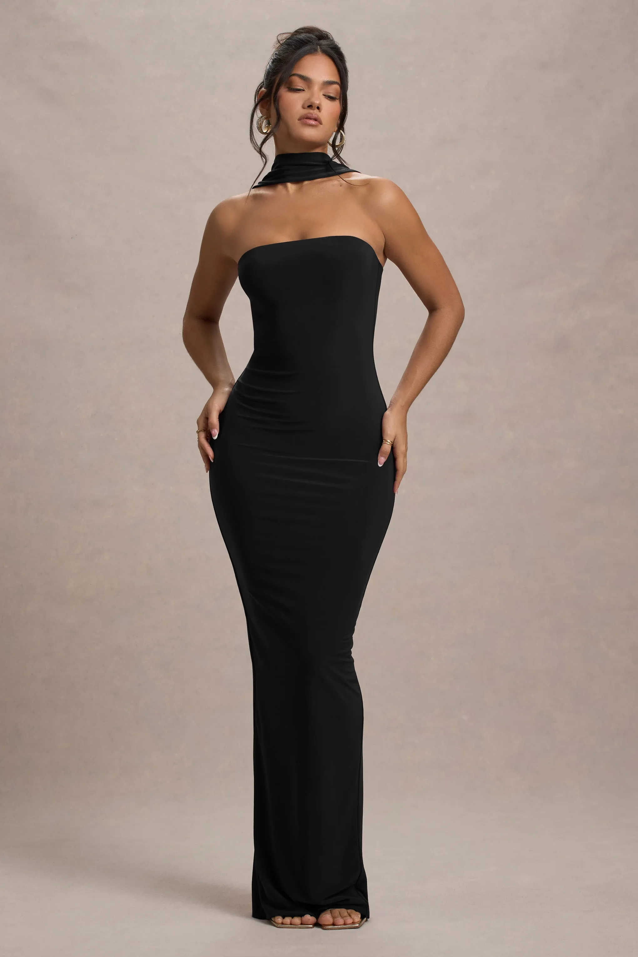 Nobu | Black Bandeau Maxi Dress With Halter-Collar