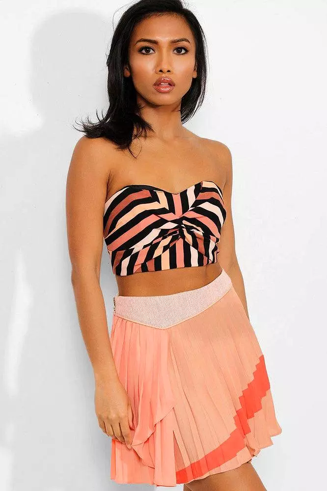 Nude Stripe Pleated Mini Skirt