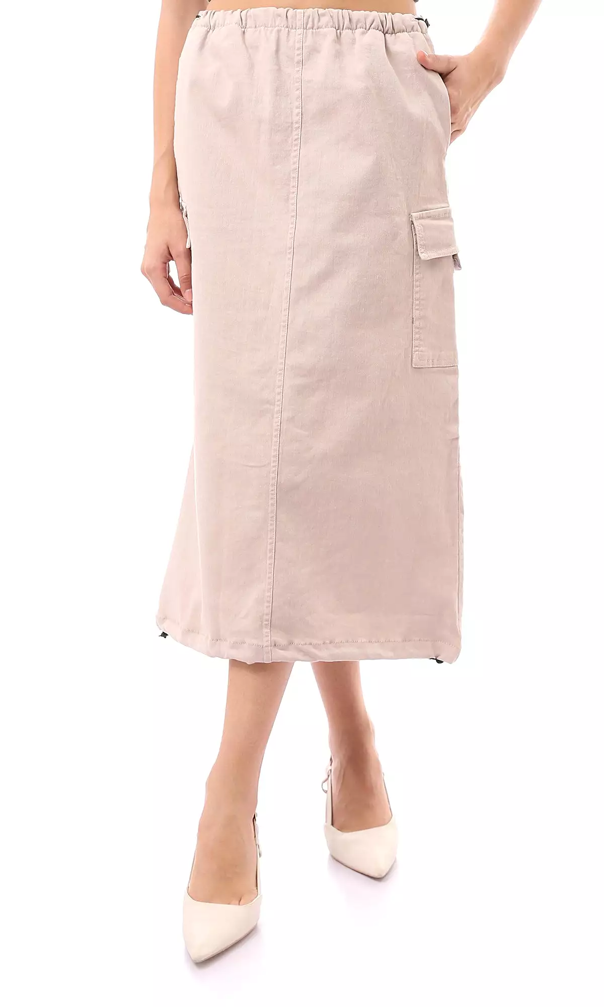 O168062 Adjustable Elastic Waist Beige Midi Skirt