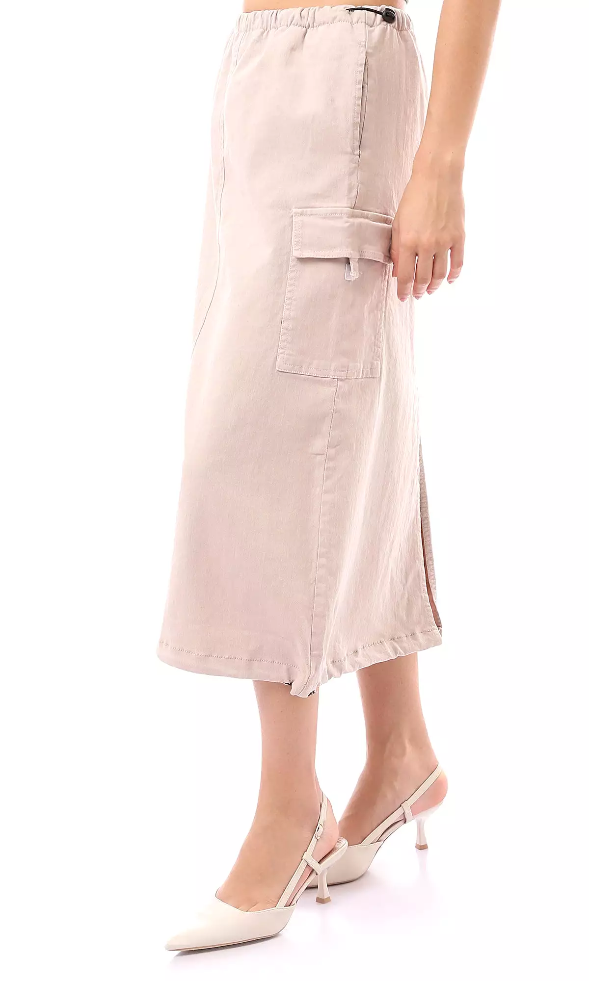 O168062 Adjustable Elastic Waist Beige Midi Skirt