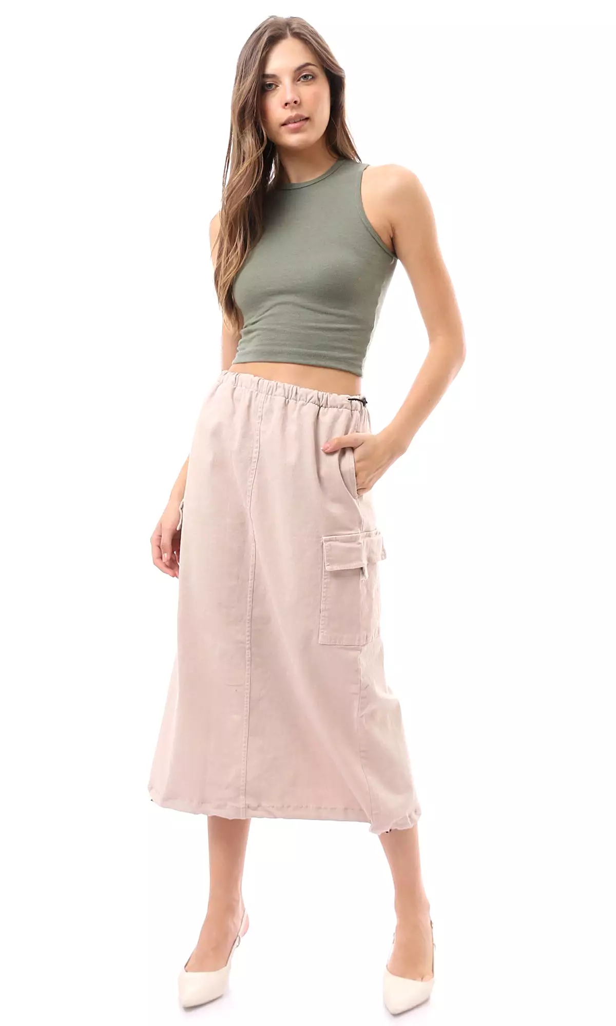 O168062 Adjustable Elastic Waist Beige Midi Skirt