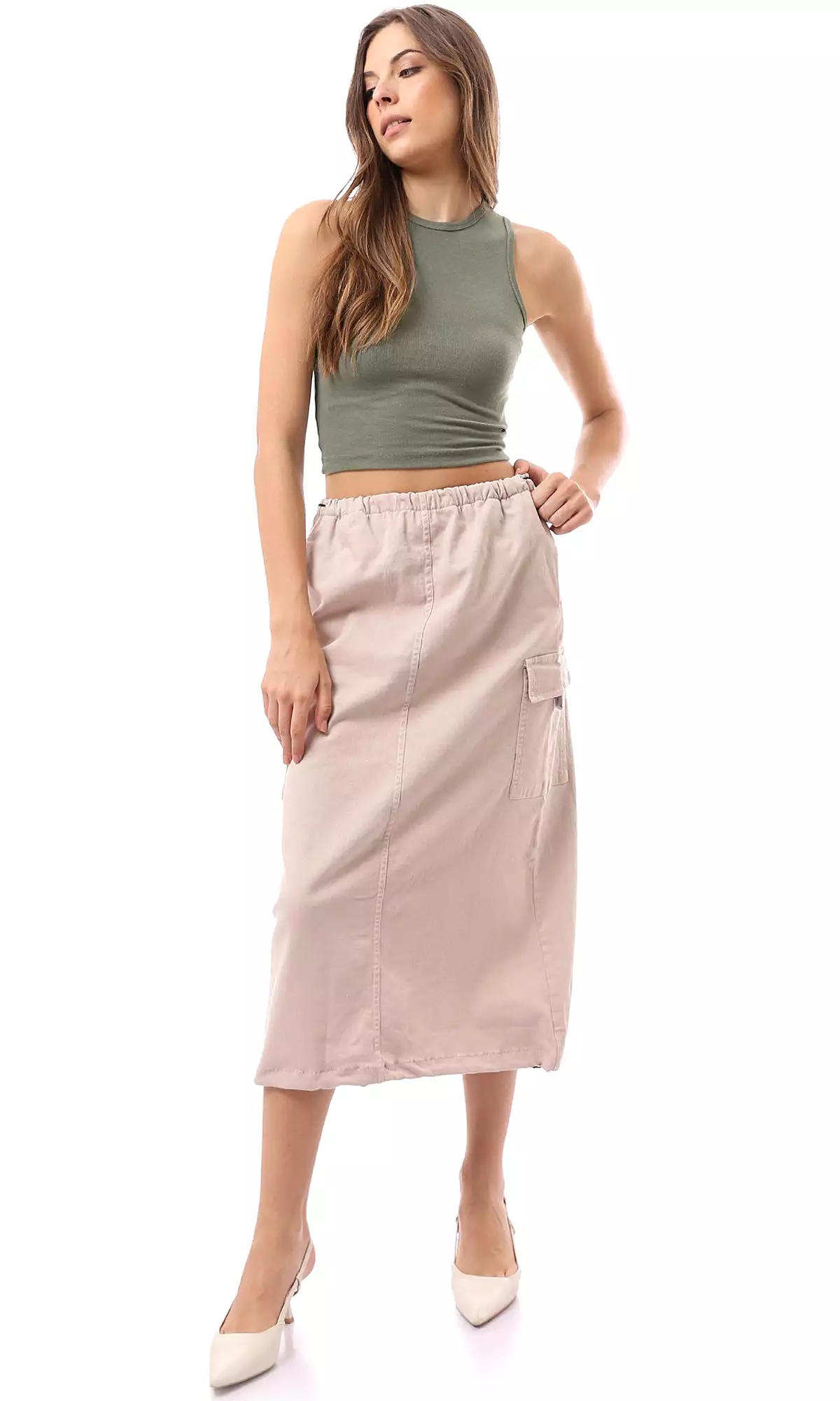 O168062 Adjustable Elastic Waist Beige Midi Skirt