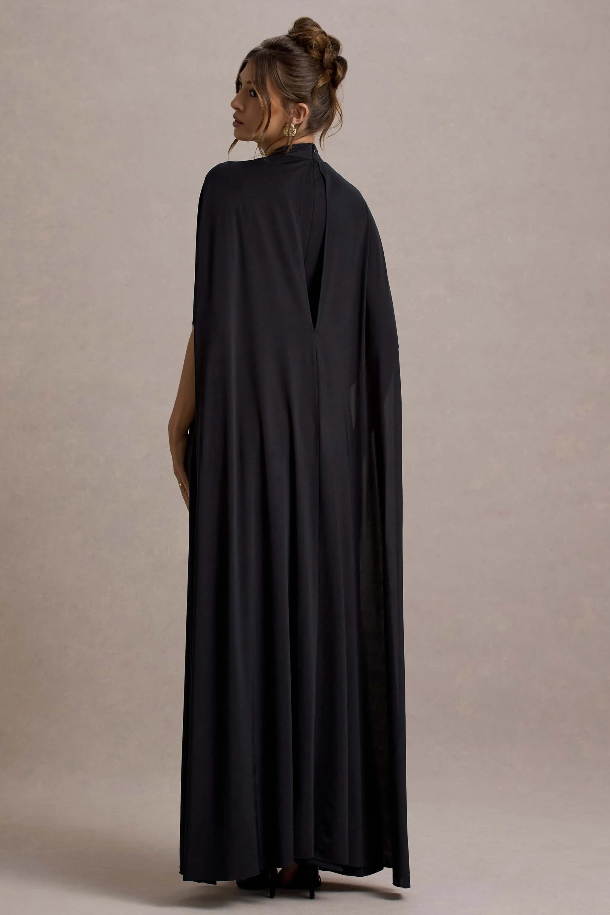 Olessia | Black Belted Gathered Cape-Sleeve Maxi Dress