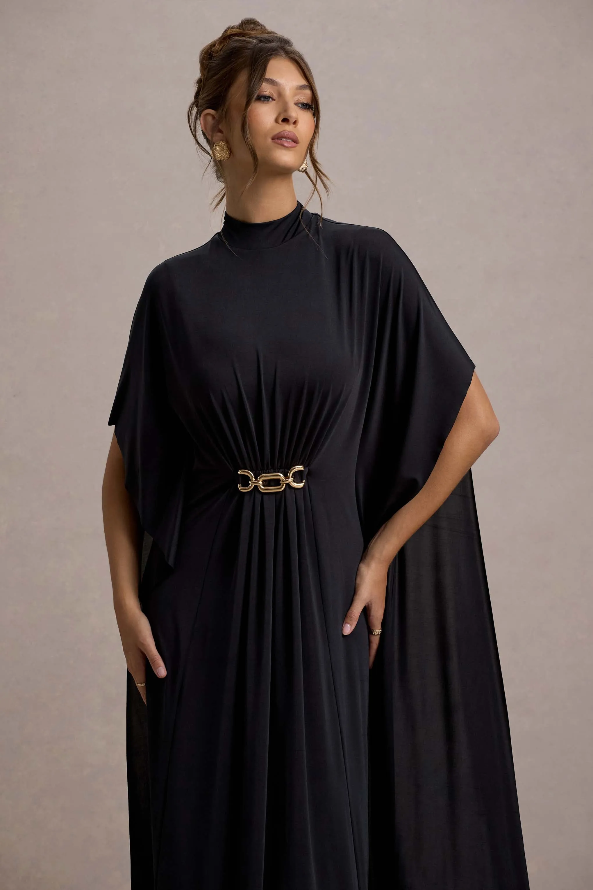 Olessia | Black Belted Gathered Cape-Sleeve Maxi Dress