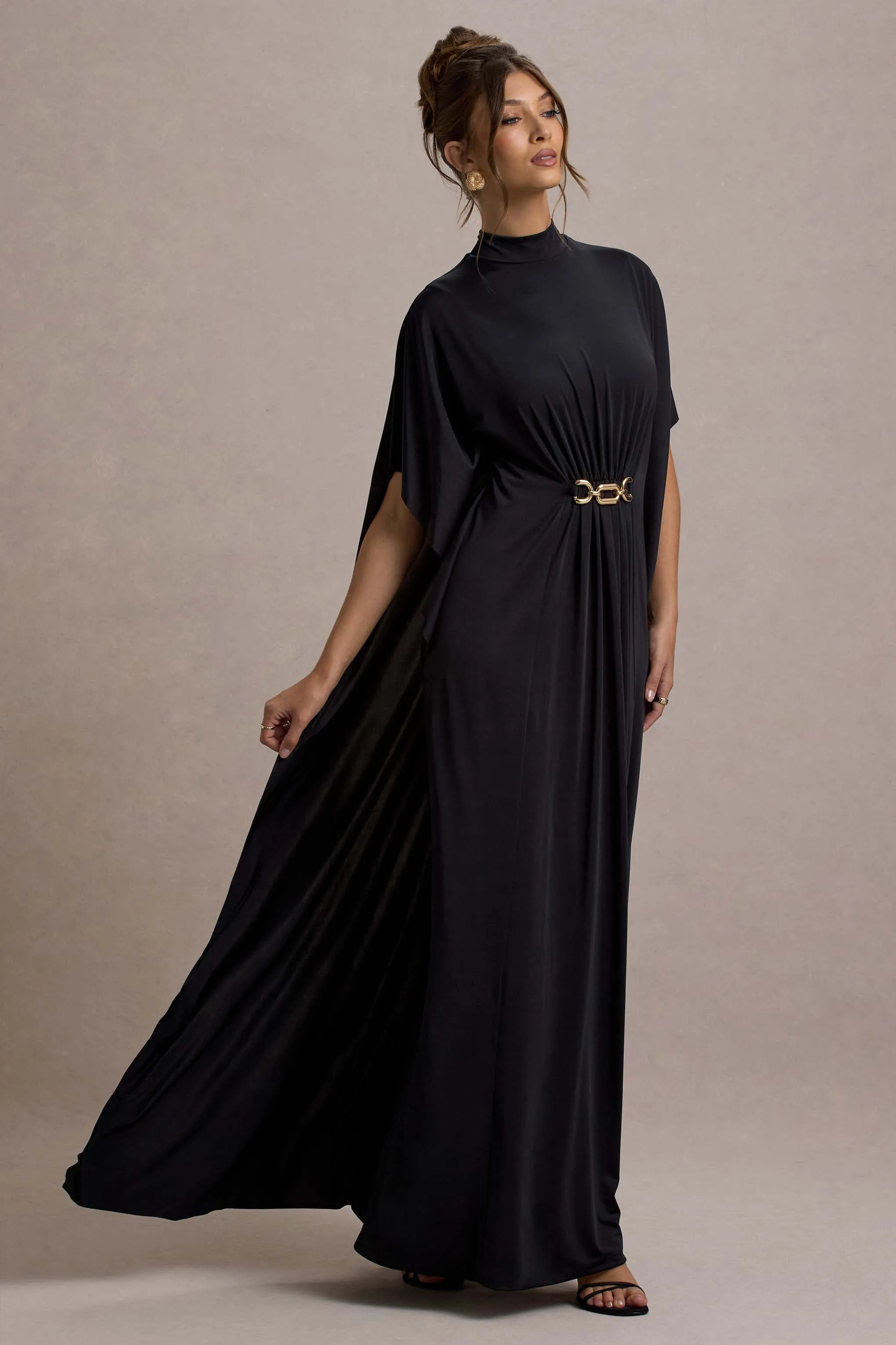 Olessia | Black Belted Gathered Cape-Sleeve Maxi Dress