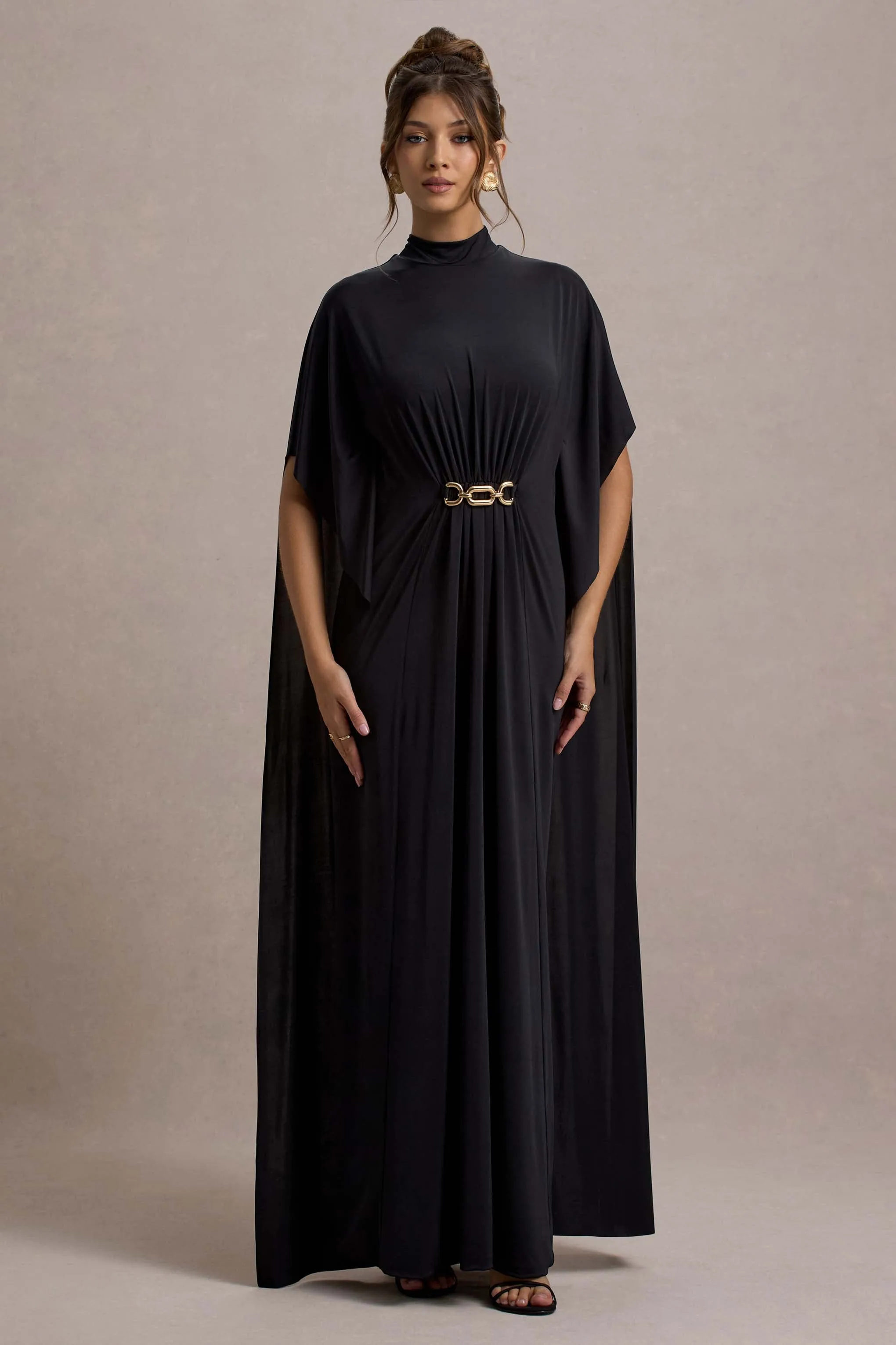 Olessia | Black Belted Gathered Cape-Sleeve Maxi Dress